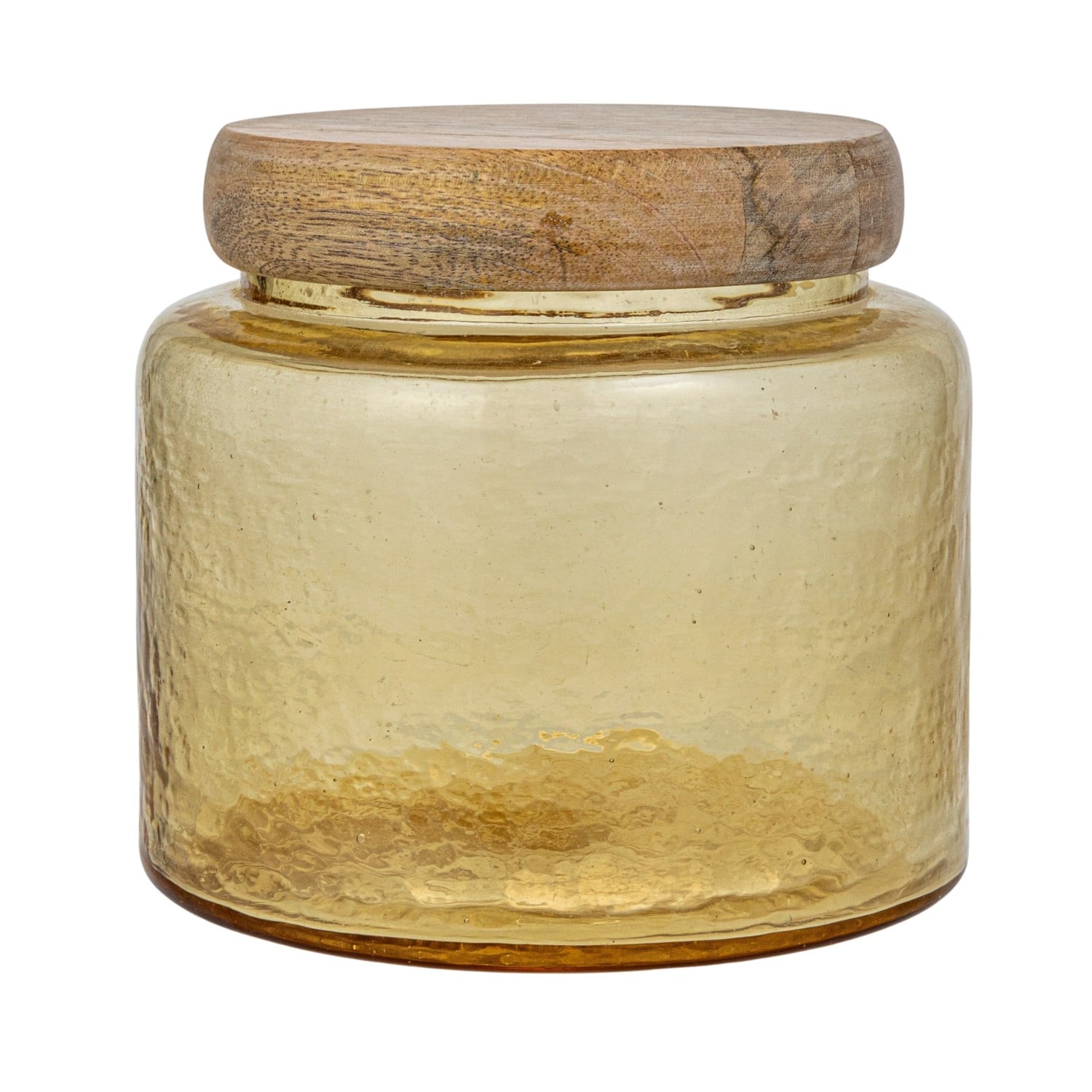 Hello Honey&#xAE; Yellow &#x26; Whitewash Hammered Glass Jar with Mango Wood Lid