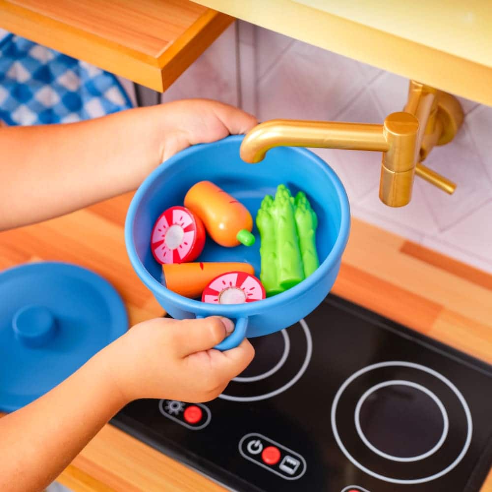 KidKraft Simply Stylish Wooden Play Kitchen Set with Lights, Choppable Food & Accessories