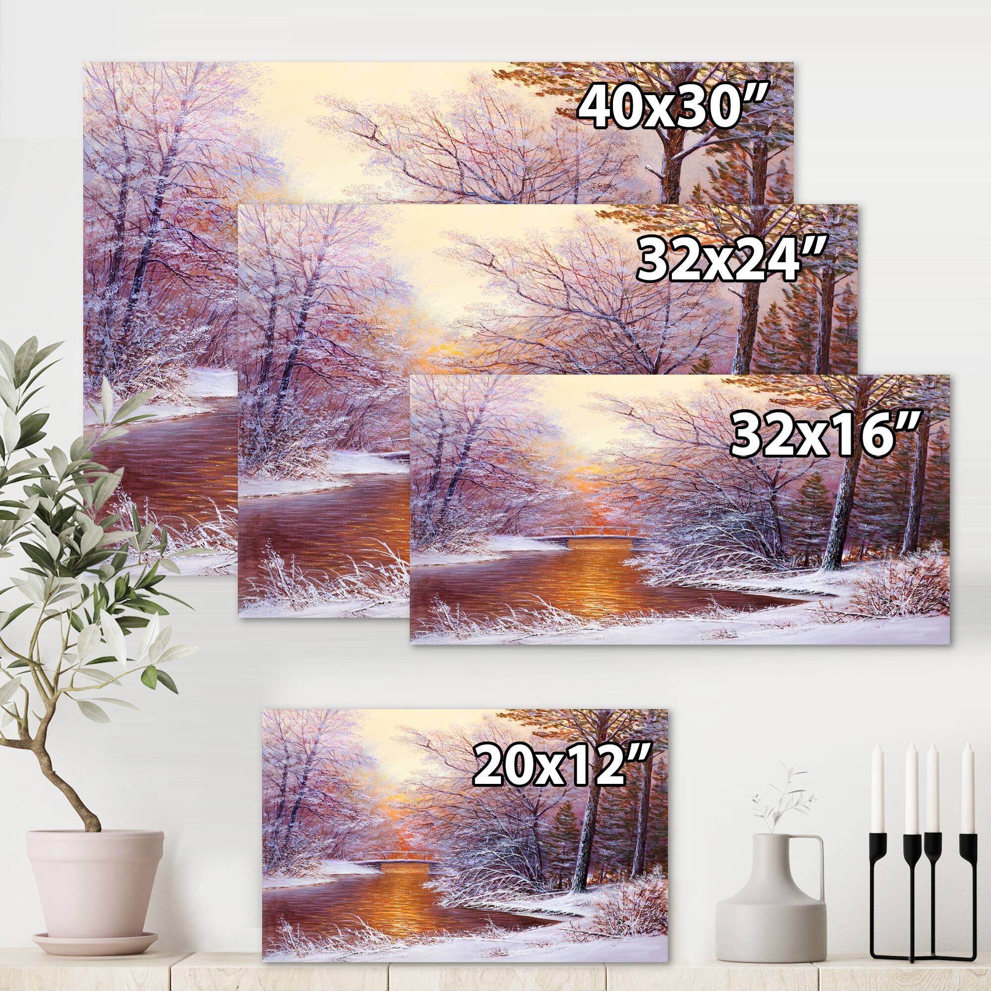 Designart - Christmas Forest With River and Trees II - Traditional Canvas Wall Art Print