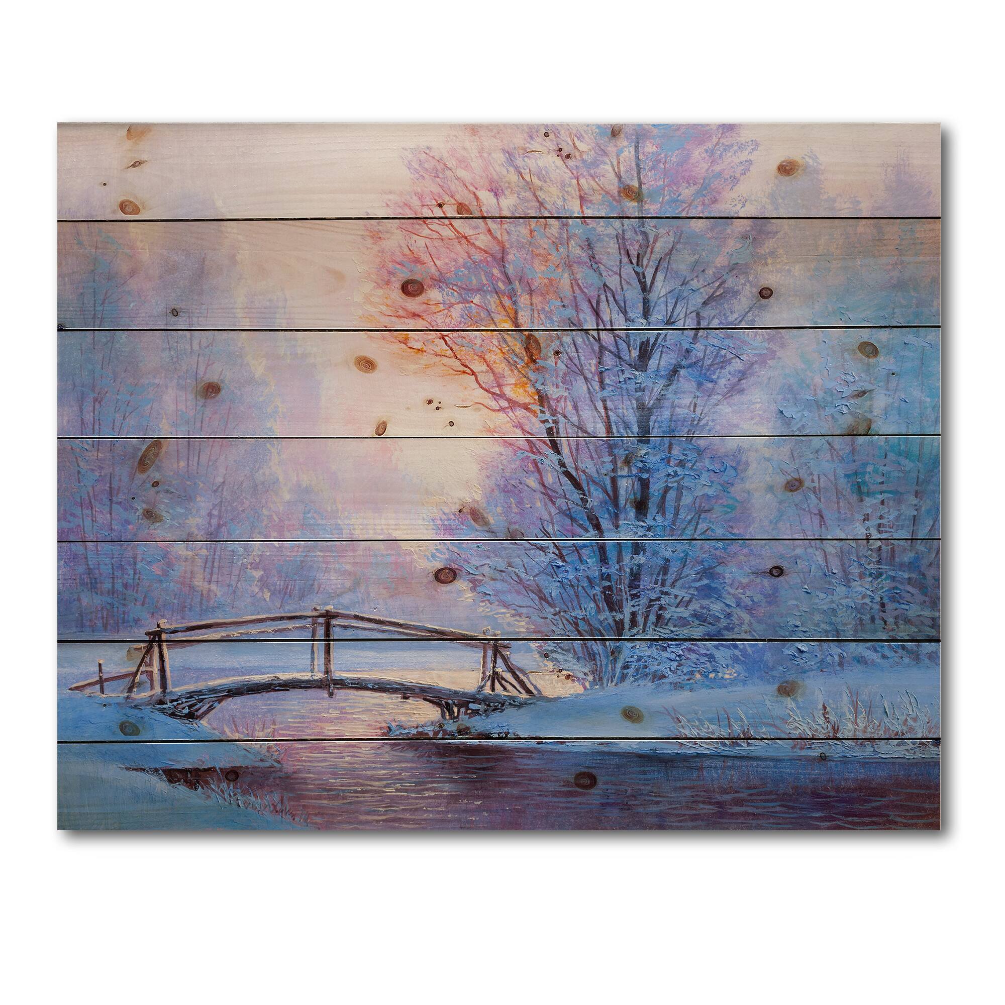Designart - Winter Landscape With A River and A Bridge