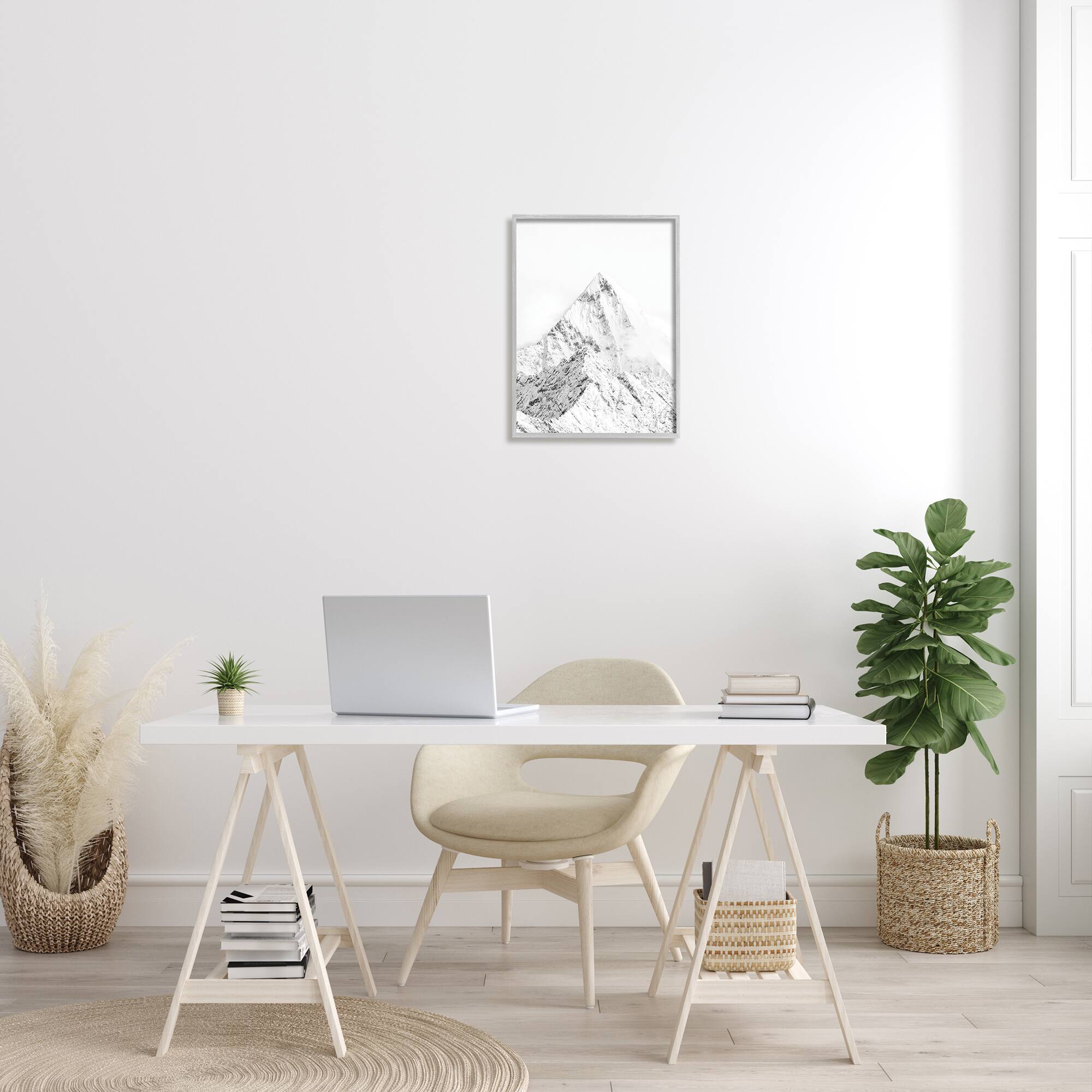 Stupell Industries Snowy Mountain Peak Sharp Lines Black White in Gray Frame Wall Art