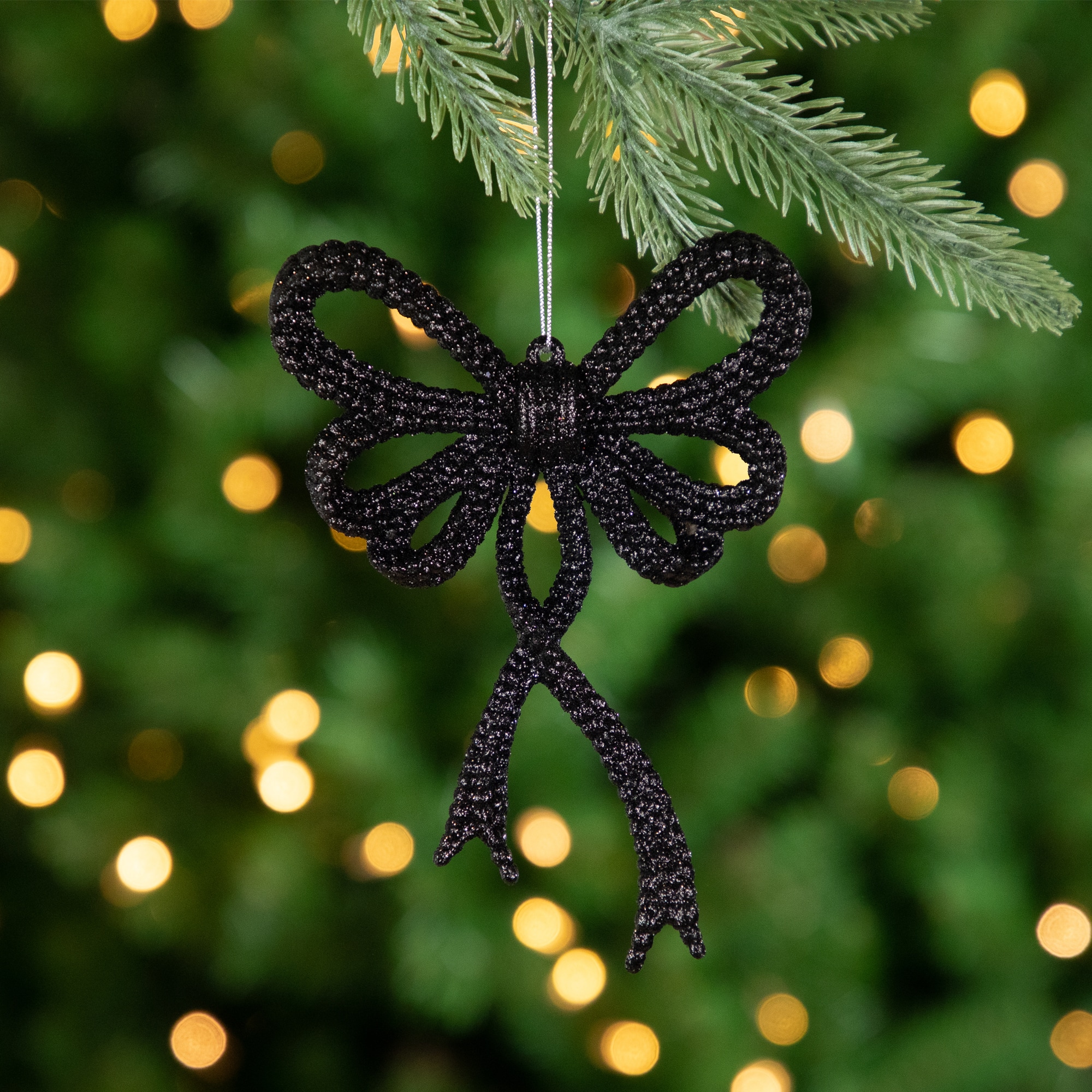 Set of 4 Black Glitter Bowtie Christmas Ornaments 6&#x22;