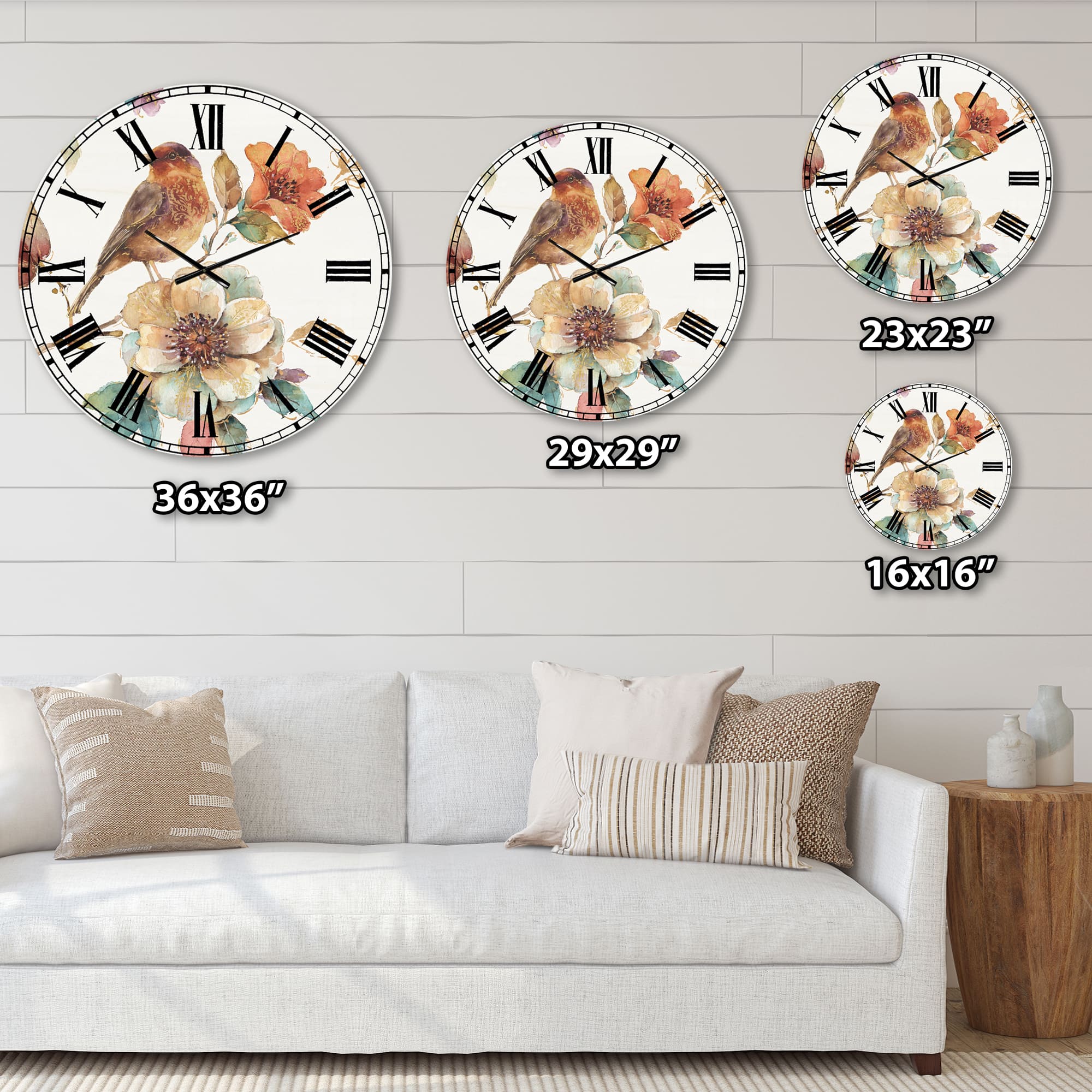 Designart &#x27;Farmhouse Bird On Flower Branch Farmhouse Wall Clock