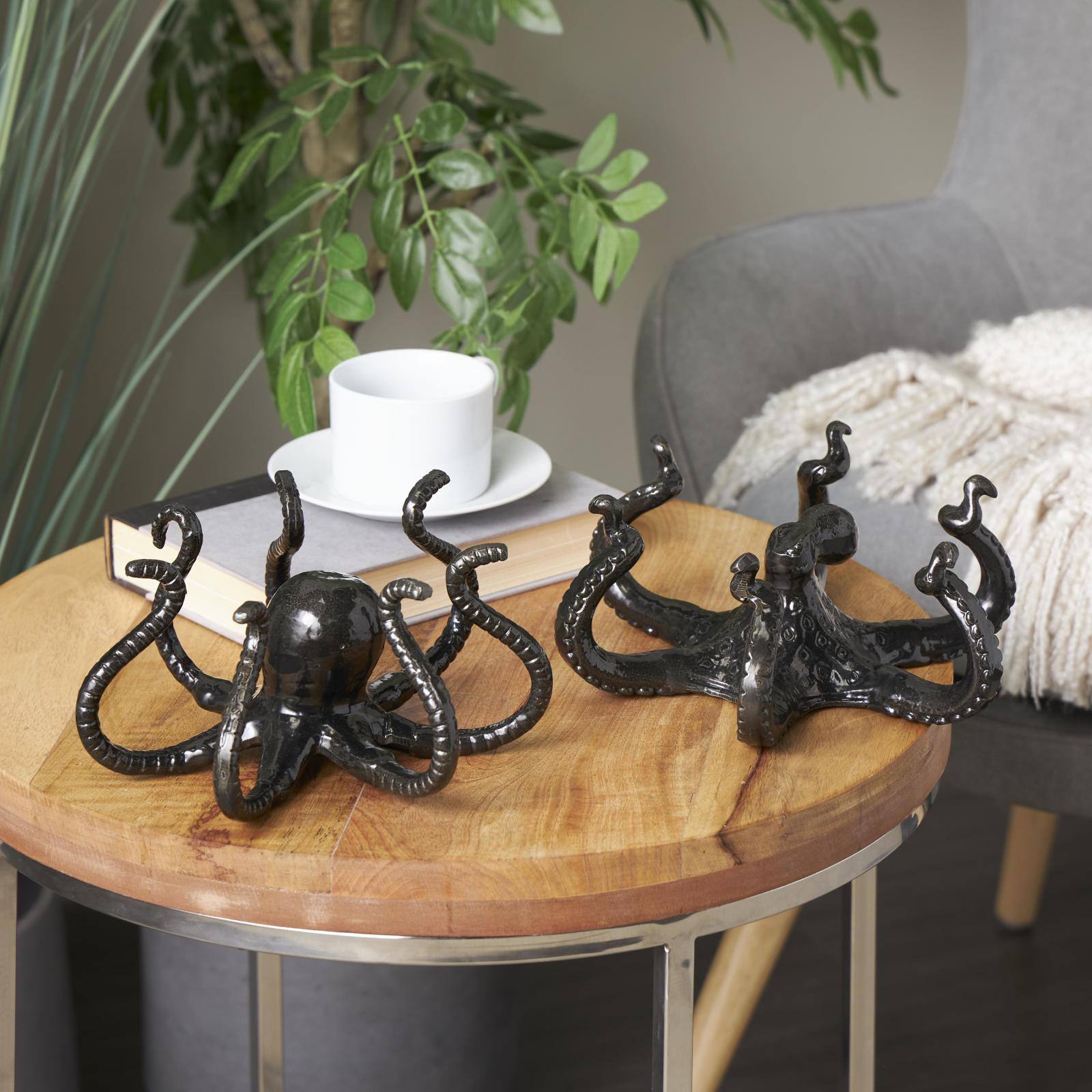 Black Aluminum Metal Octopus with Splayed Arms Sculpture Set