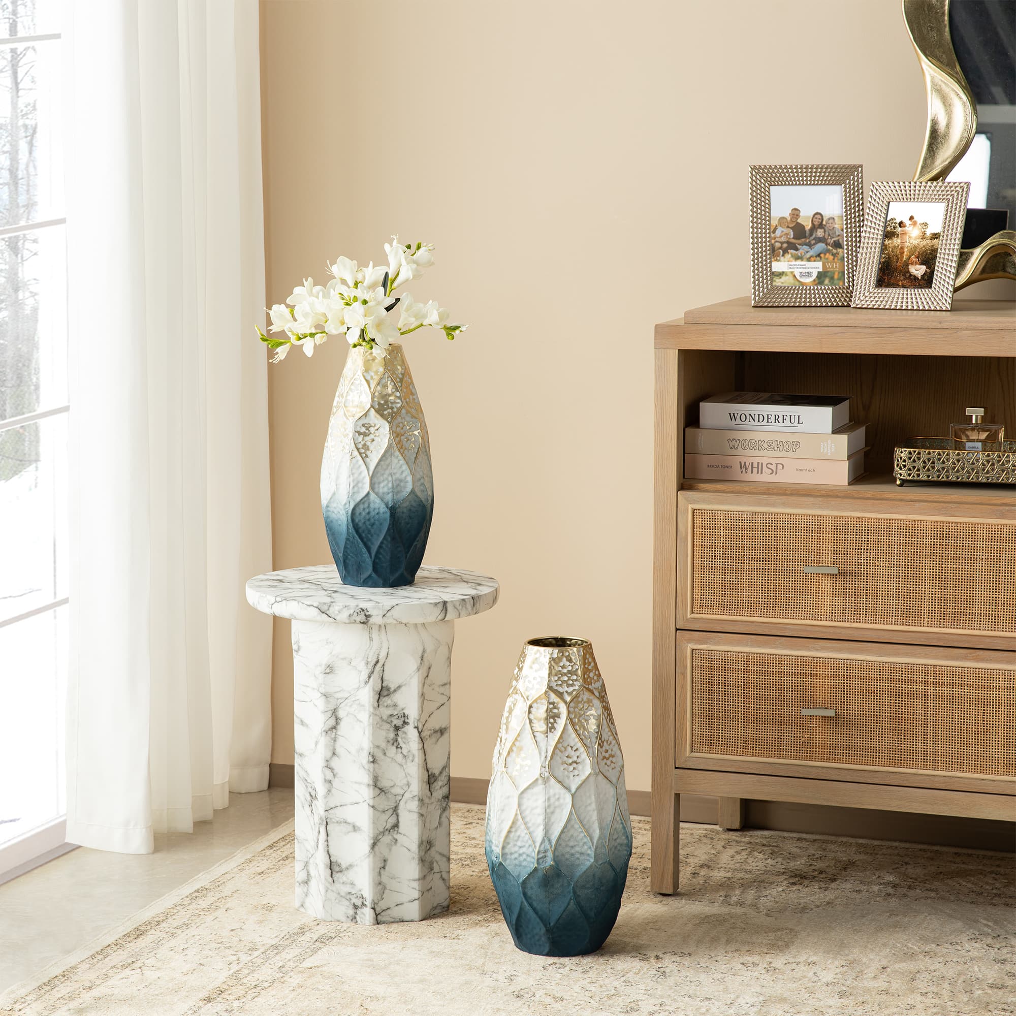Glitzhome® Abstract Ombre Blue & Gold Metal Floor Vases Set