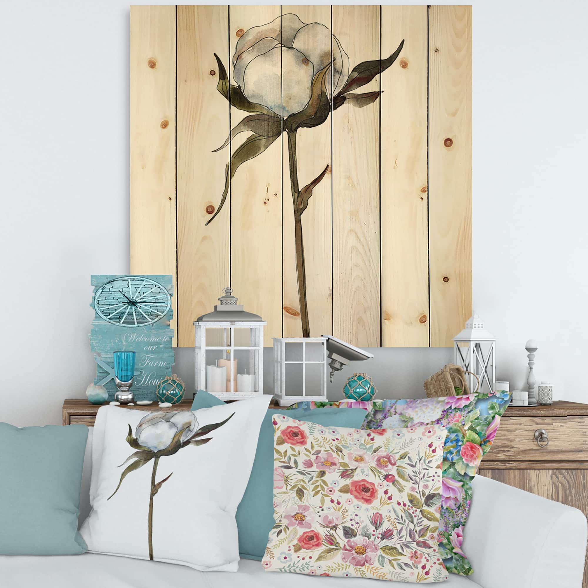 Designart - Retro Cotton Flower - Traditional Print on Natural Pine Wood