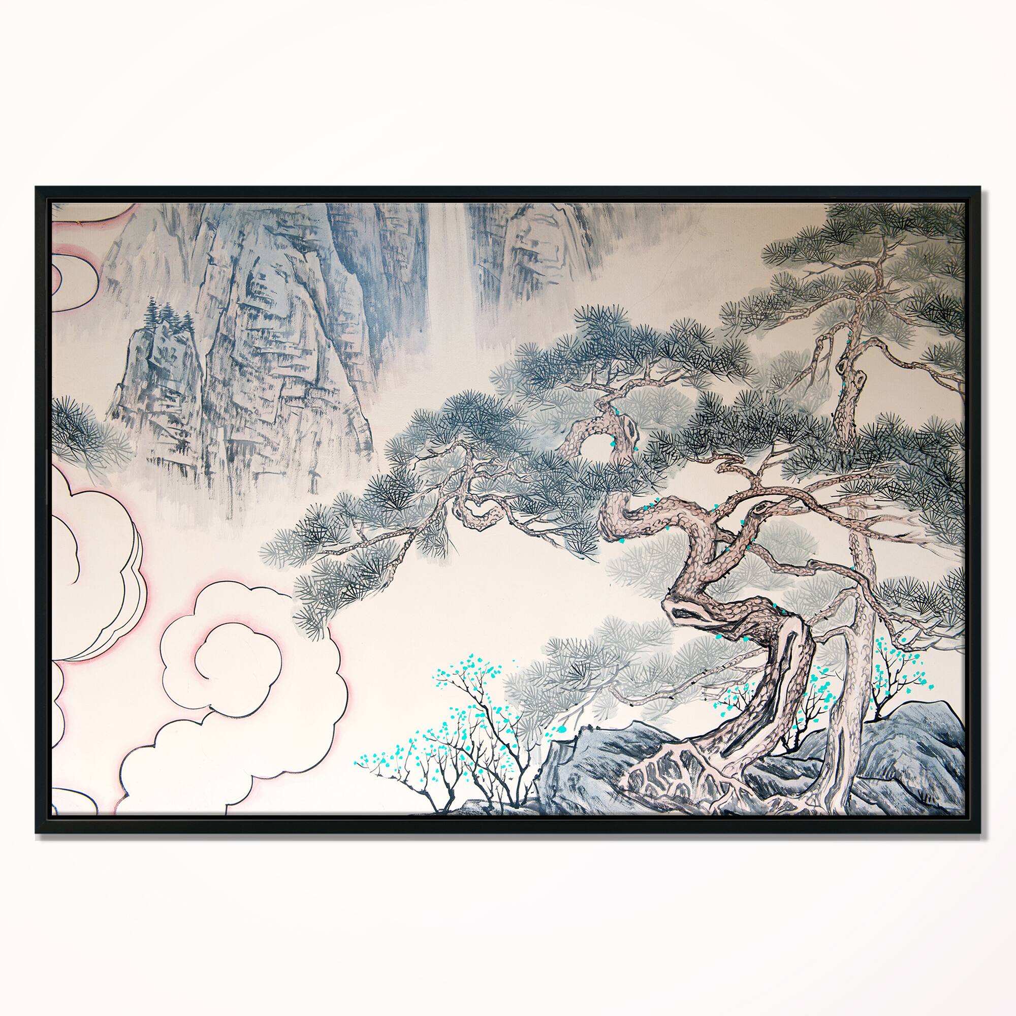 Designart - Chinese Blue Tree Art - Floral Painting Canvas in Black Frame