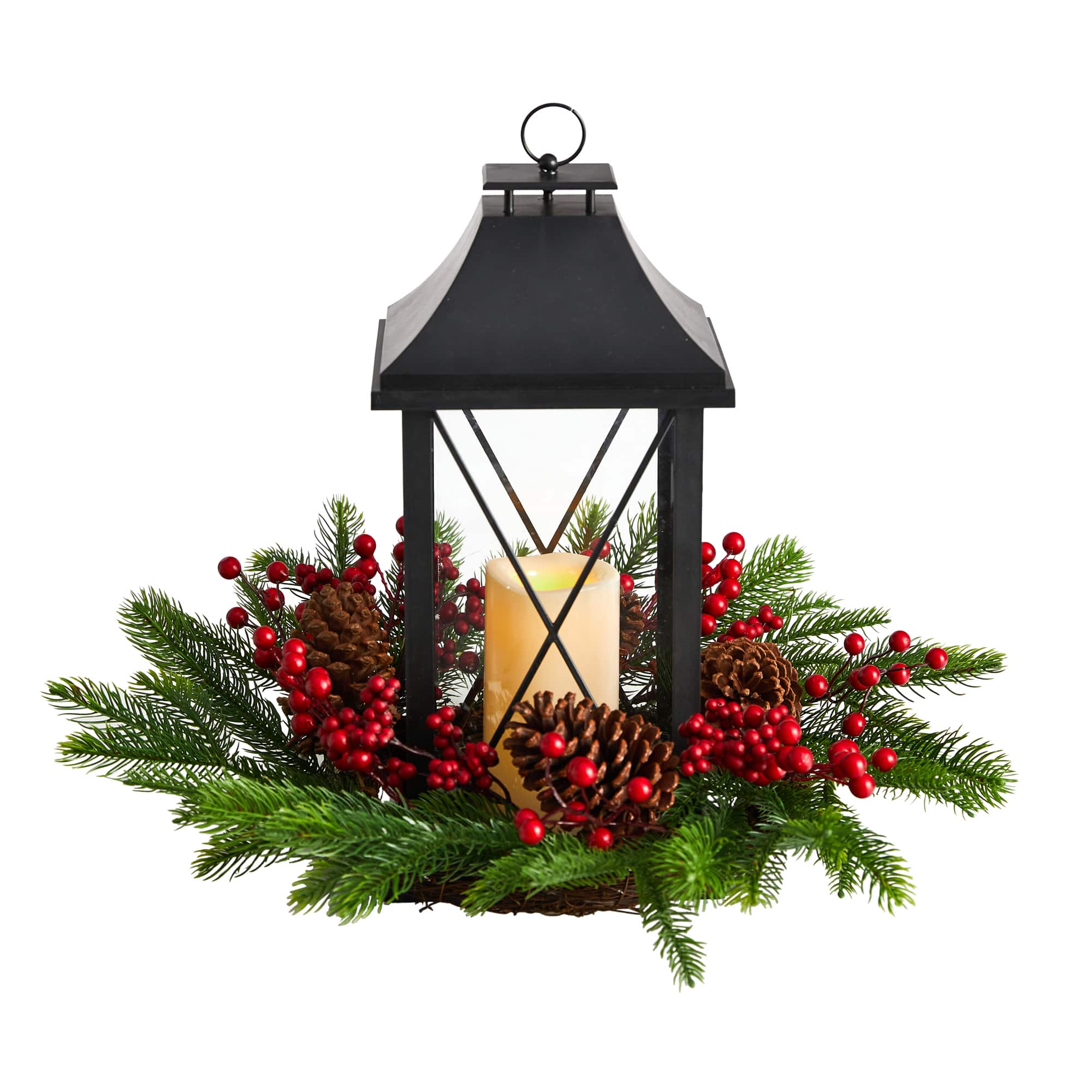 16" Christmas Berries, Pinecones & Greenery with Lantern and LED Candle Artificial Table Arrangement