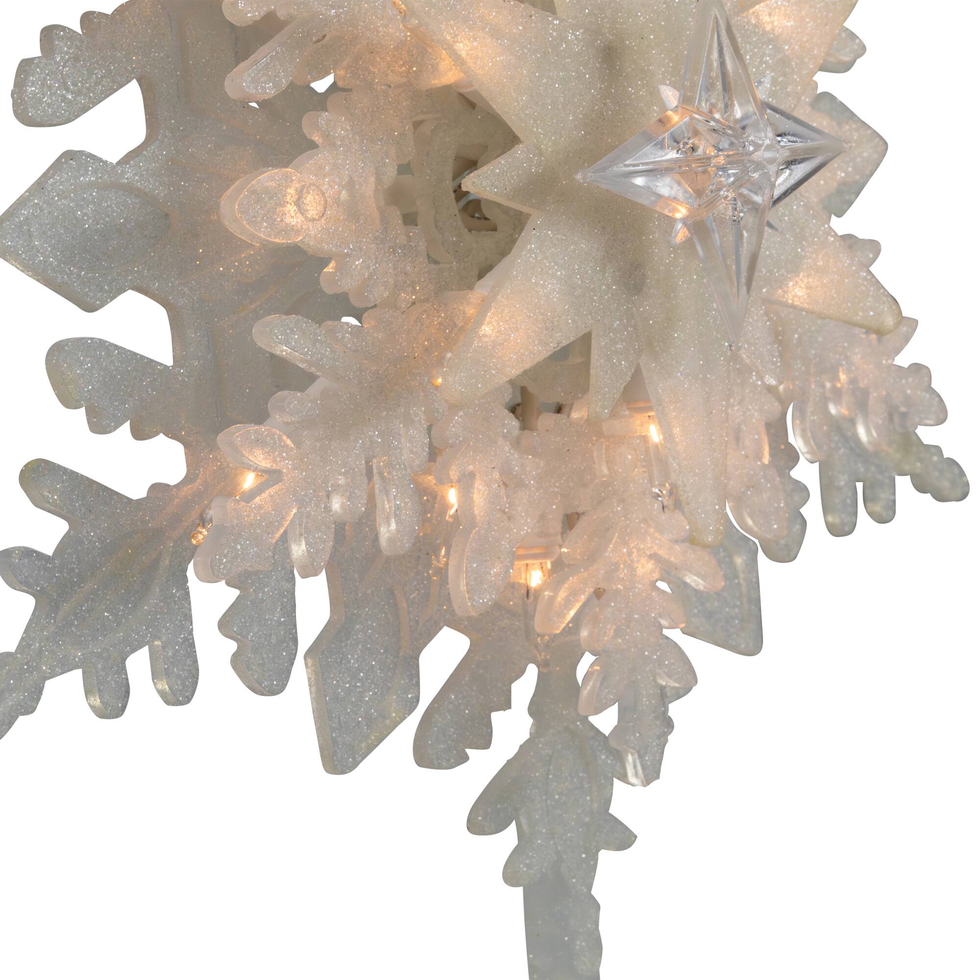 10&#x22; Lighted White Frosted Stacked Snowflake Christmas Tree Topper, Clear Lights