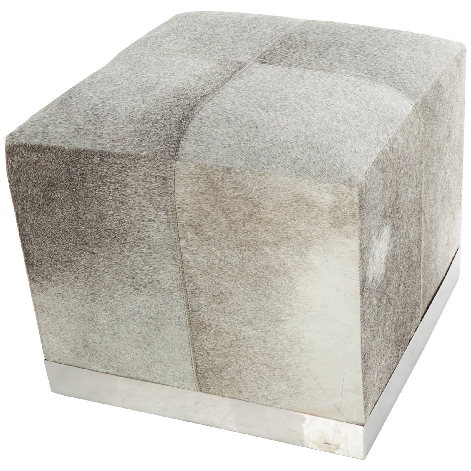 17" Gray Leather Patchwork Pouf with Silver Metal Base
