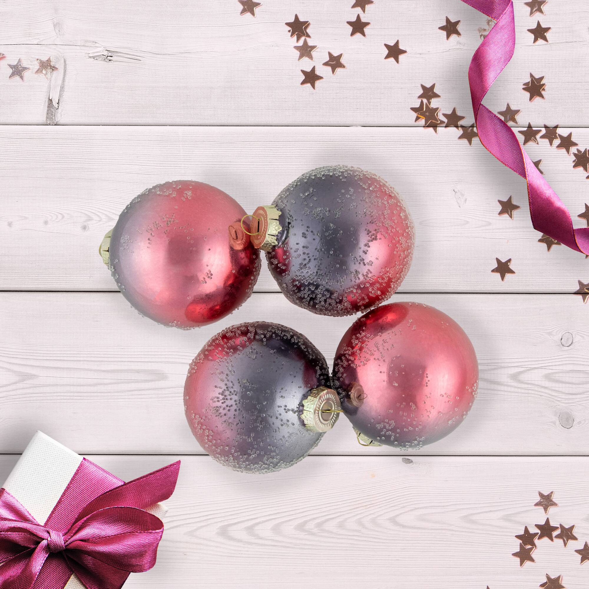 4ct. 3" Pink & Gray Hand Blown Textured Glass Ball Ornaments