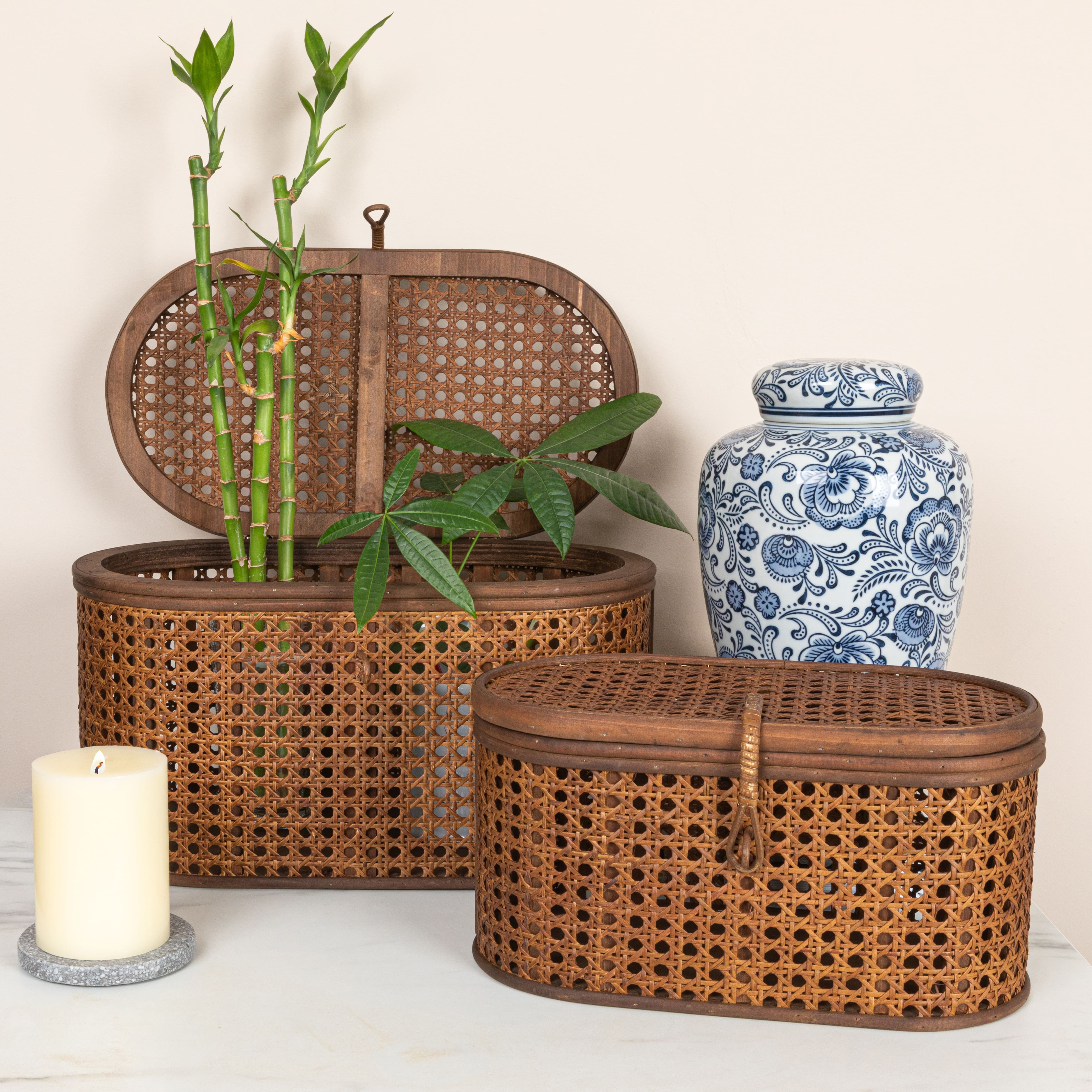 Hello Honey&#xAE; Modern Decorative Oval Woven Rattan Storage Box Set
