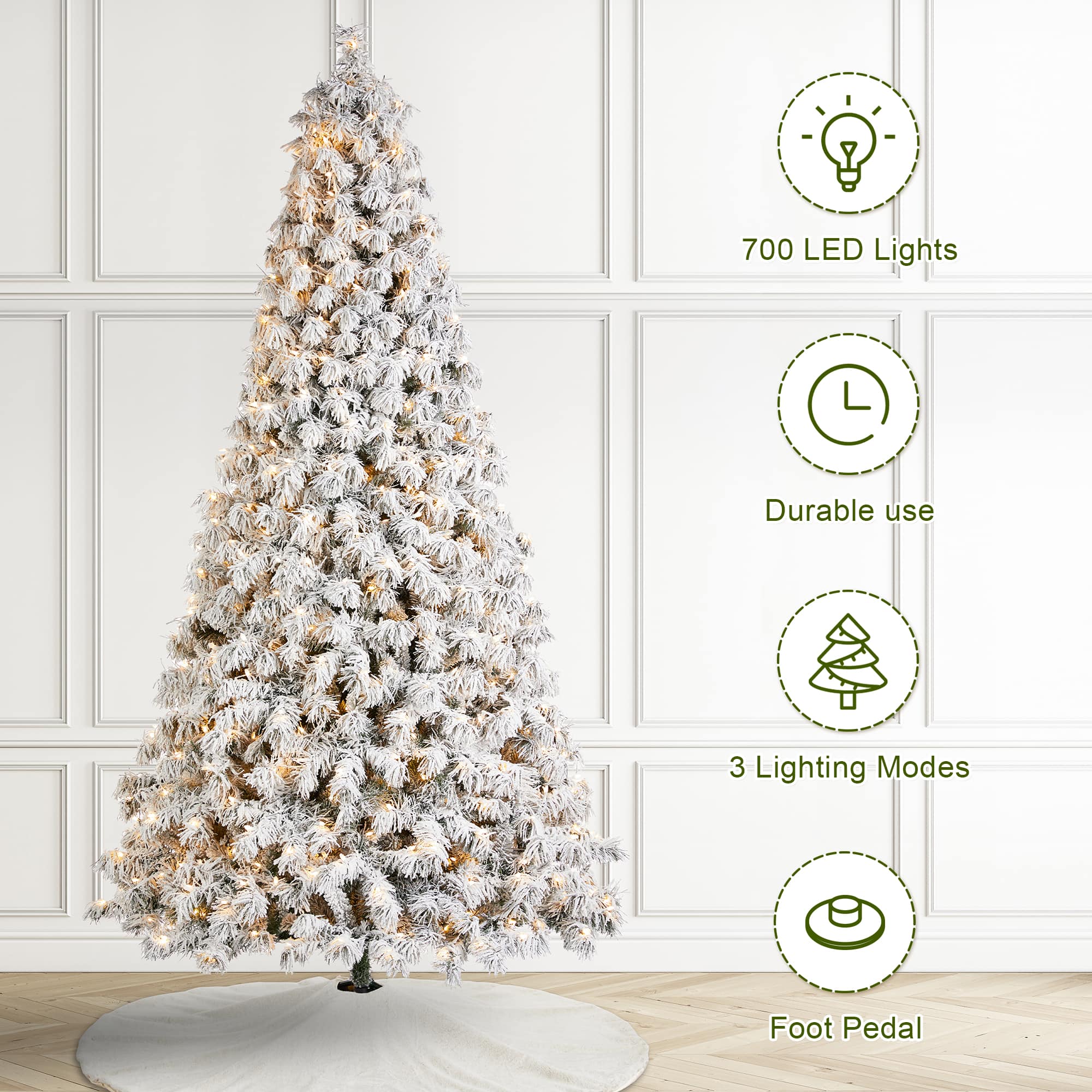 Glitzhome® 9ft Pre-Lit Flocked Full Spruce Artificial Christmas Tree, Warm White LED Lights