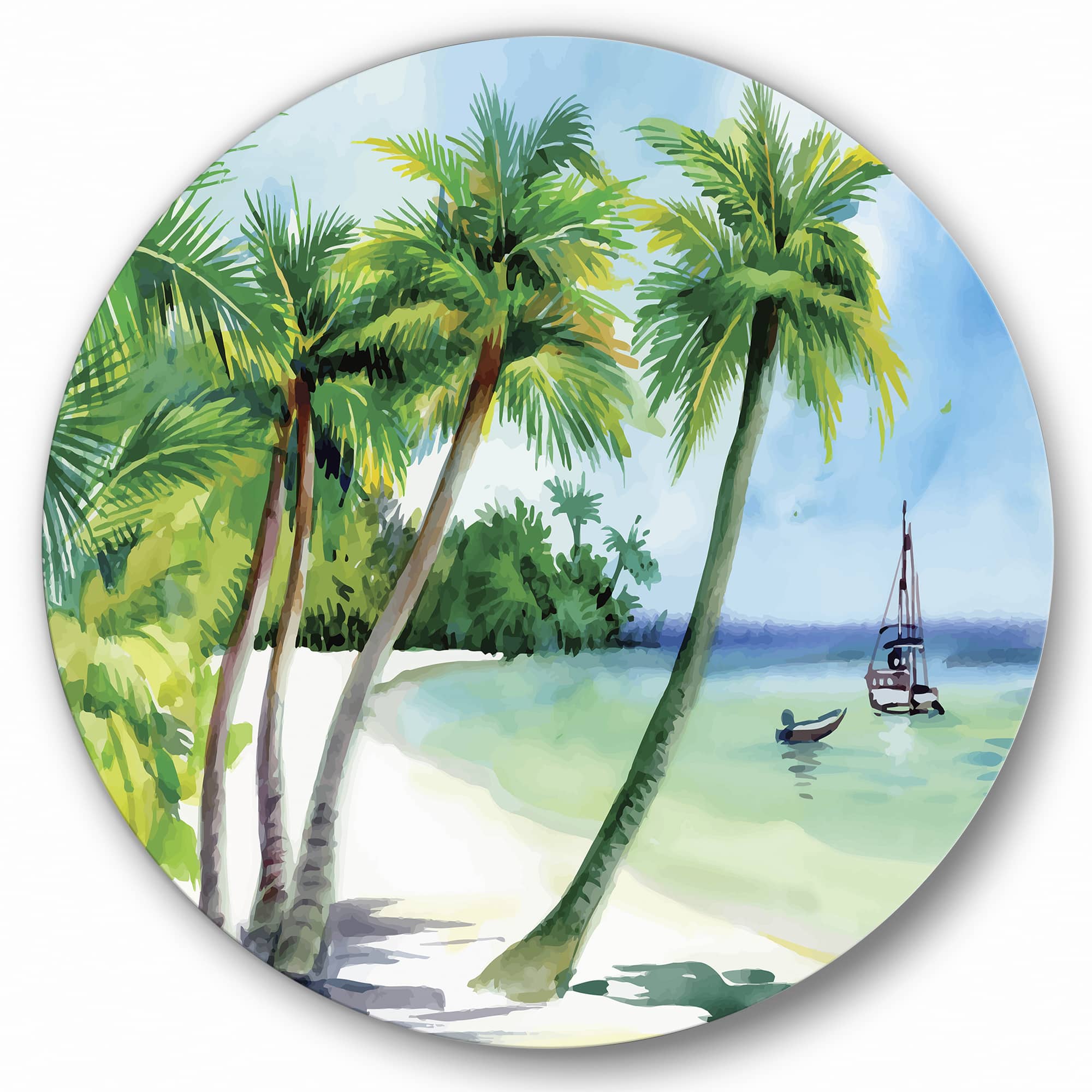 Designart - Summer Beach With Palm Trees - Nautical & Coastal Metal Circle Wall Art