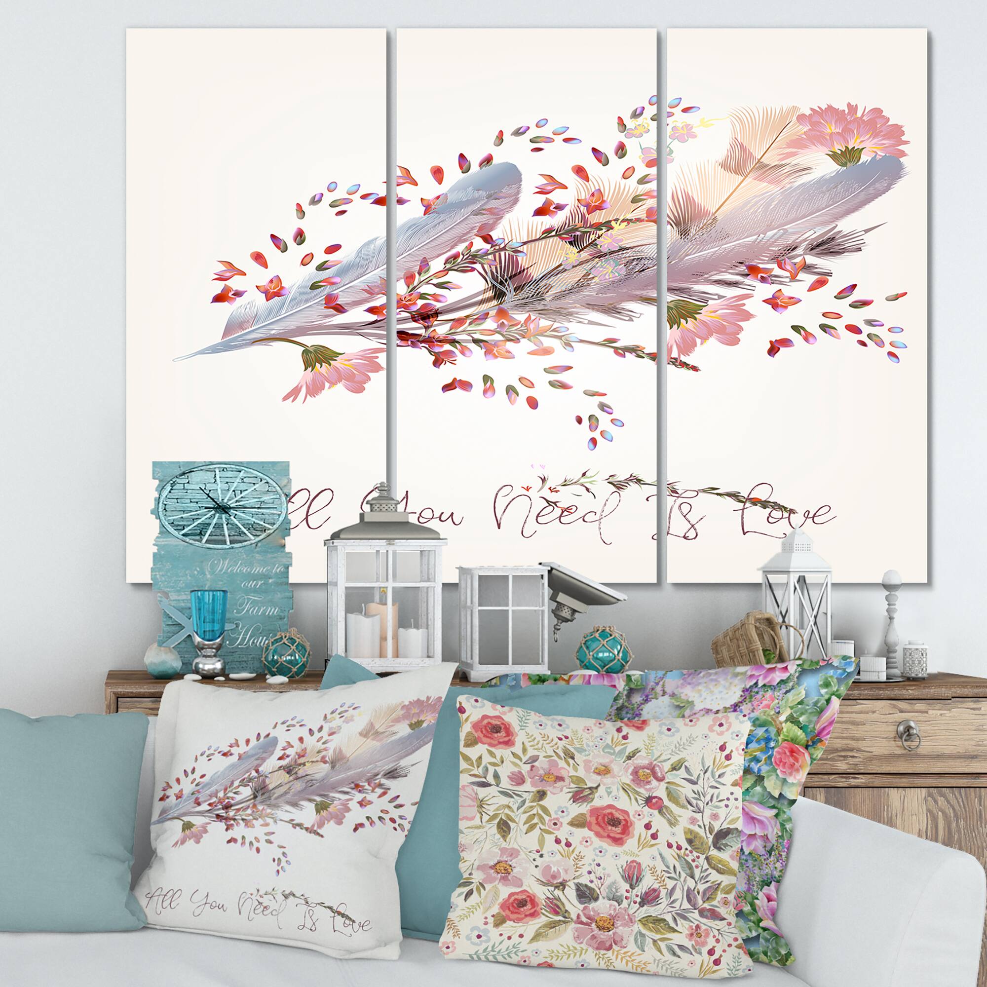 Designart - Pink Feathers and Bird All You Need Is Love - Bohemian & Eclectic Canvas Wall Art Print