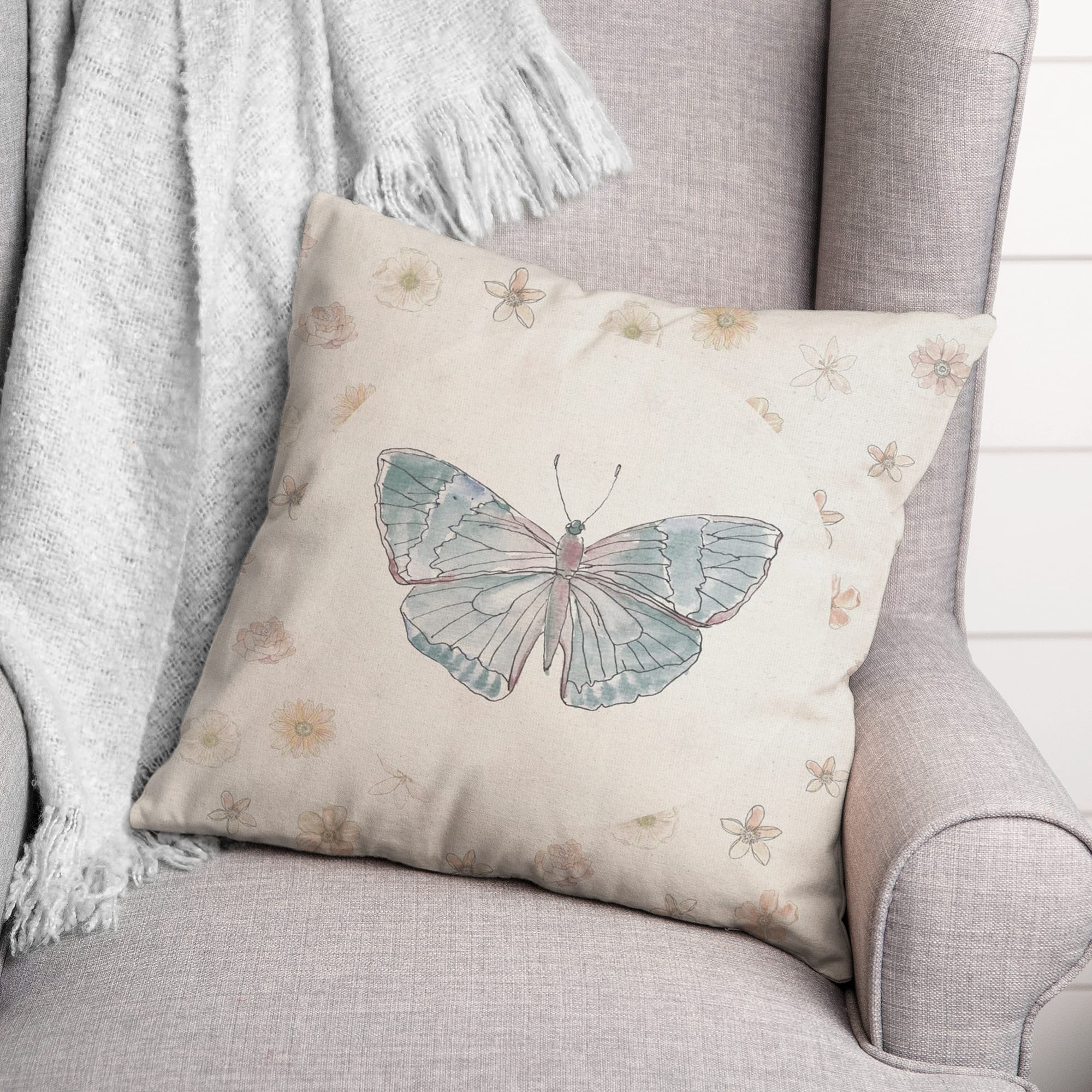 Blue Butterfly &#x26; Floral Throw Pillow