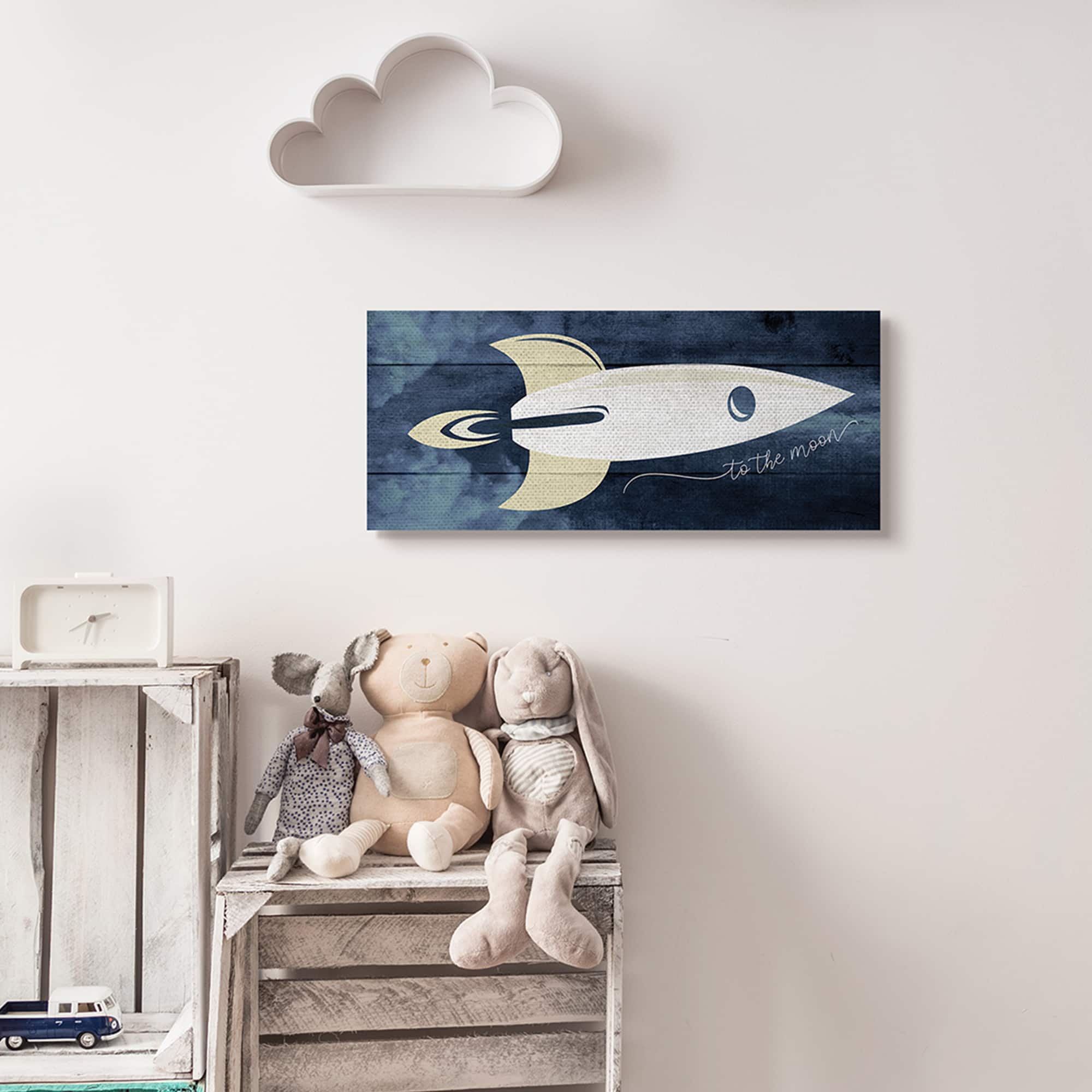 Stupell Industries To The Moon Phrase Rustic Space Ship Blue Canvas Wall Art