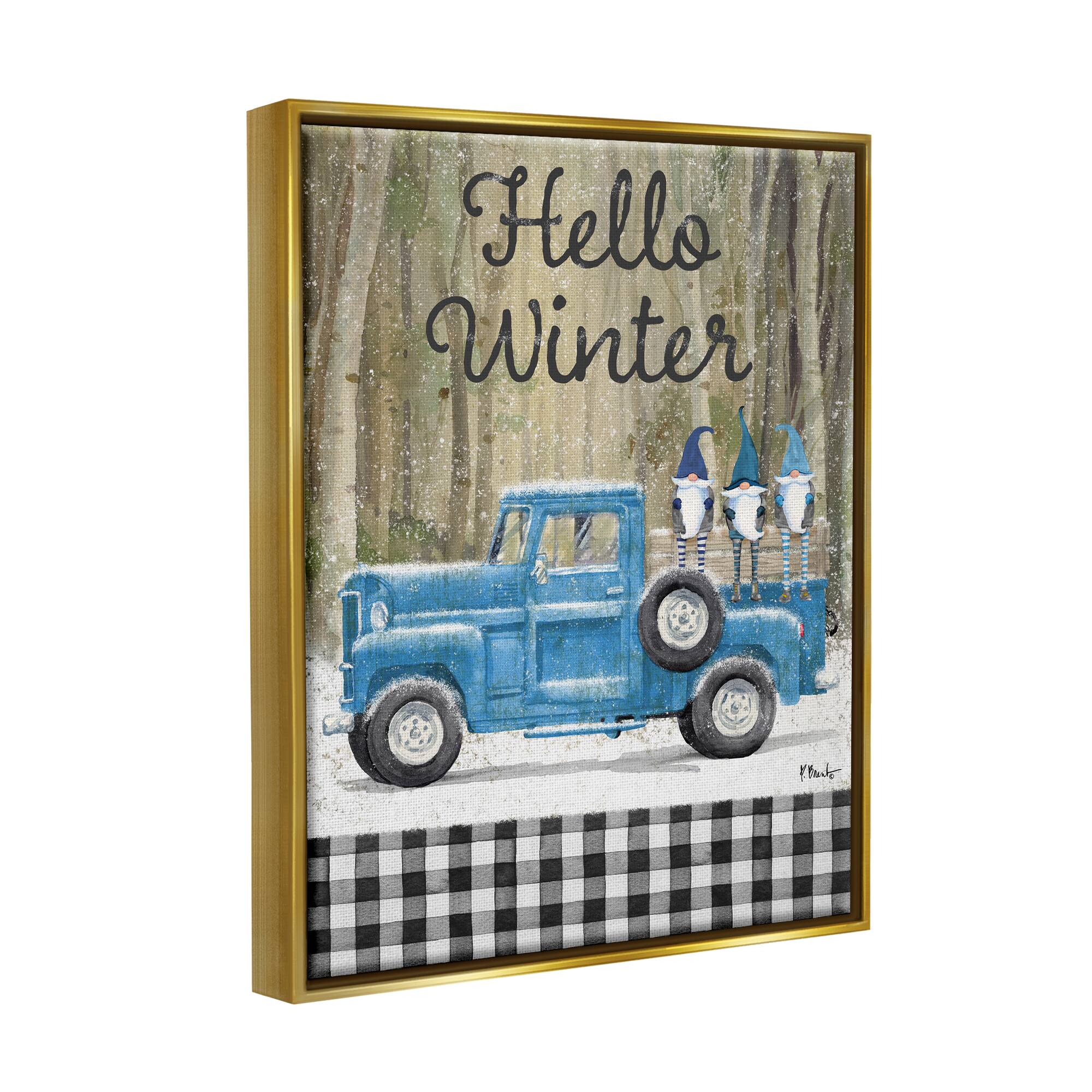 Stupell Industries Hello Winter Plaid Gnomes Gold Framed Floater Canvas Wall Art