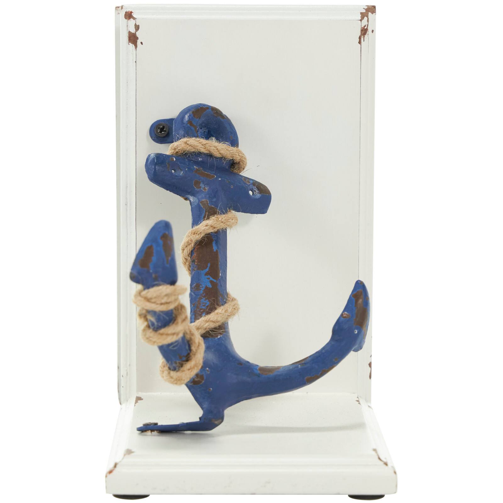 8" Blue Wood Anchor Distressed Bookends with Rope Accents & White Wood Stands Set