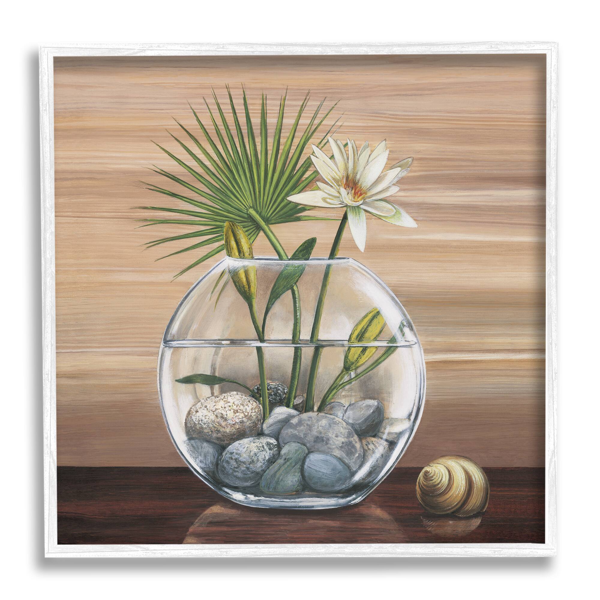 Stupell Industries Lotus and Palm Plant in Rock Vase Still-Life in White Frame Wall Art