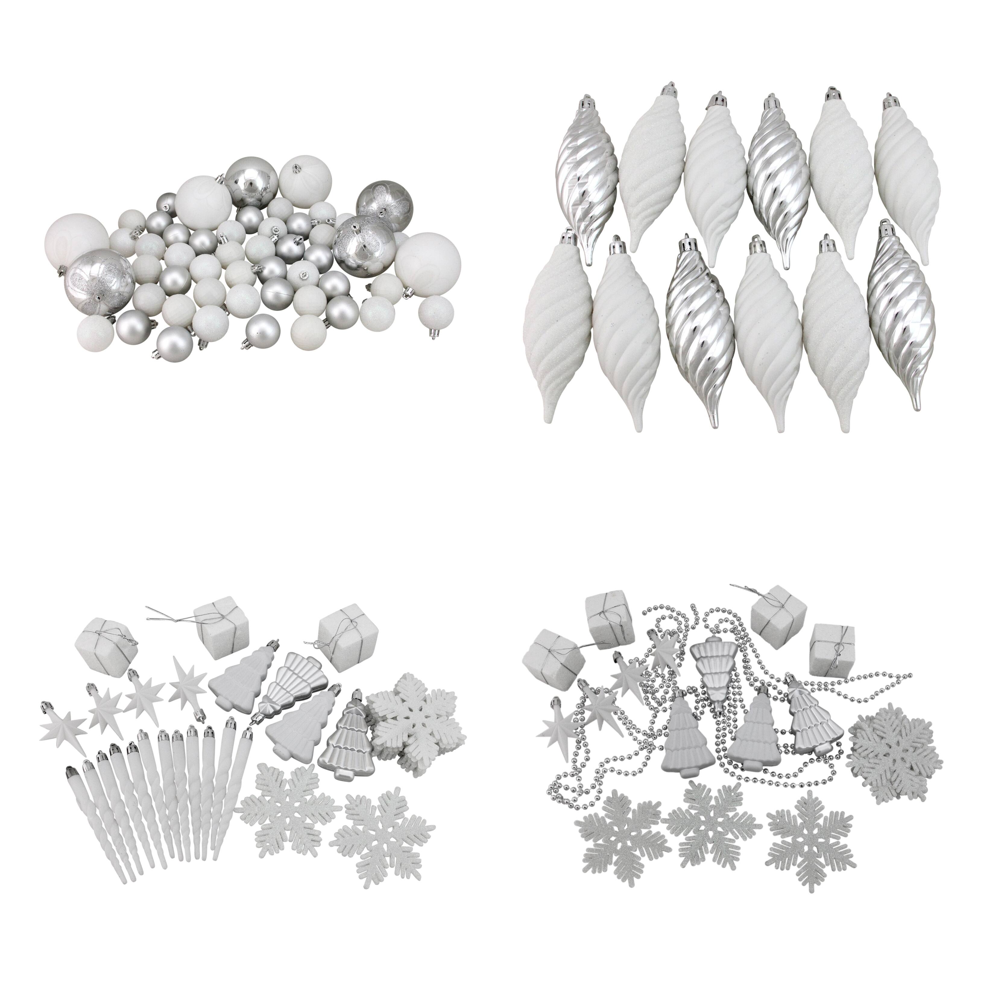 125ct. Winter White &#x26; Silver Shatterproof 4-Finish Christmas Ornaments