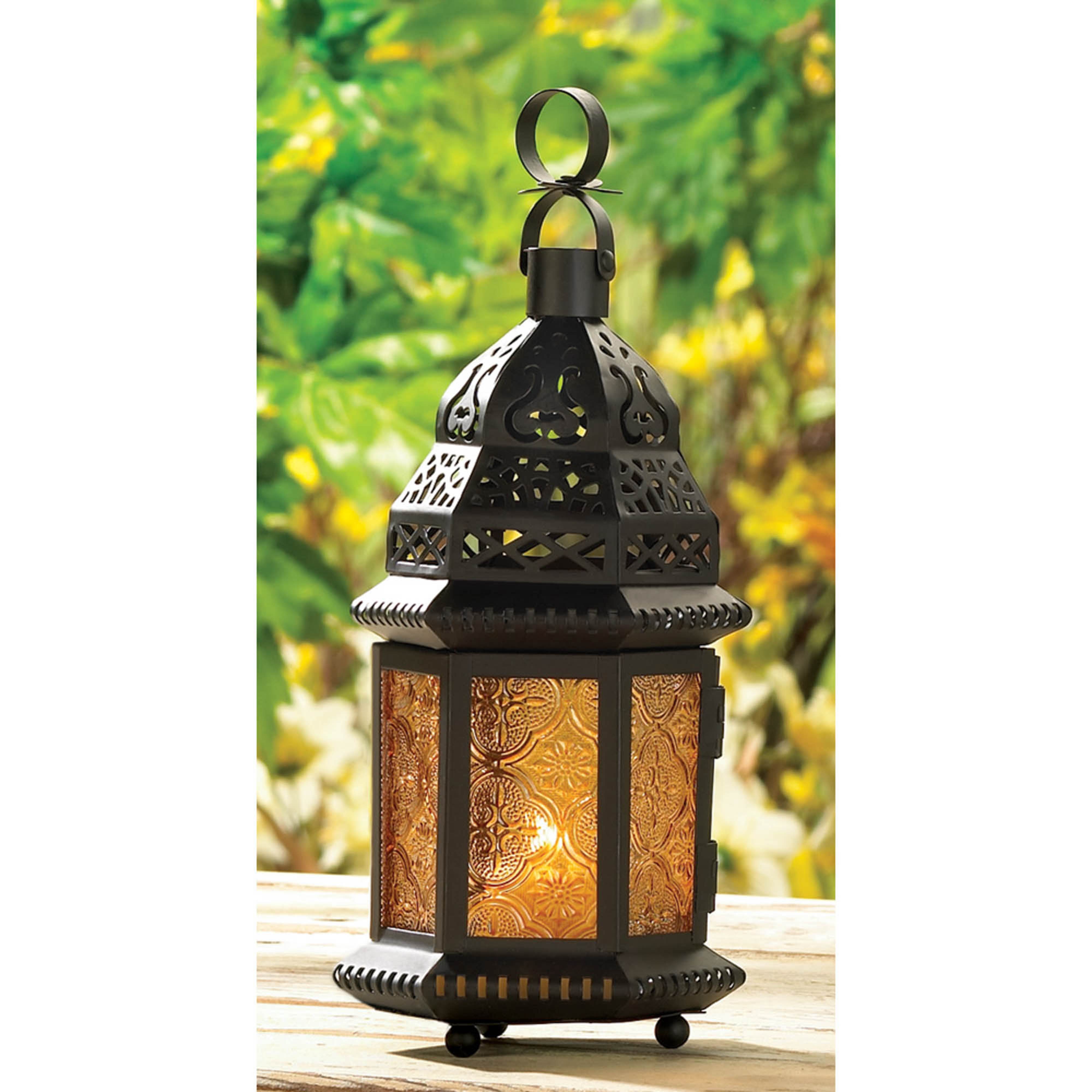 10&#x22; Black Moroccan Style Hanging Candle Lantern with Etched Yellow Glass