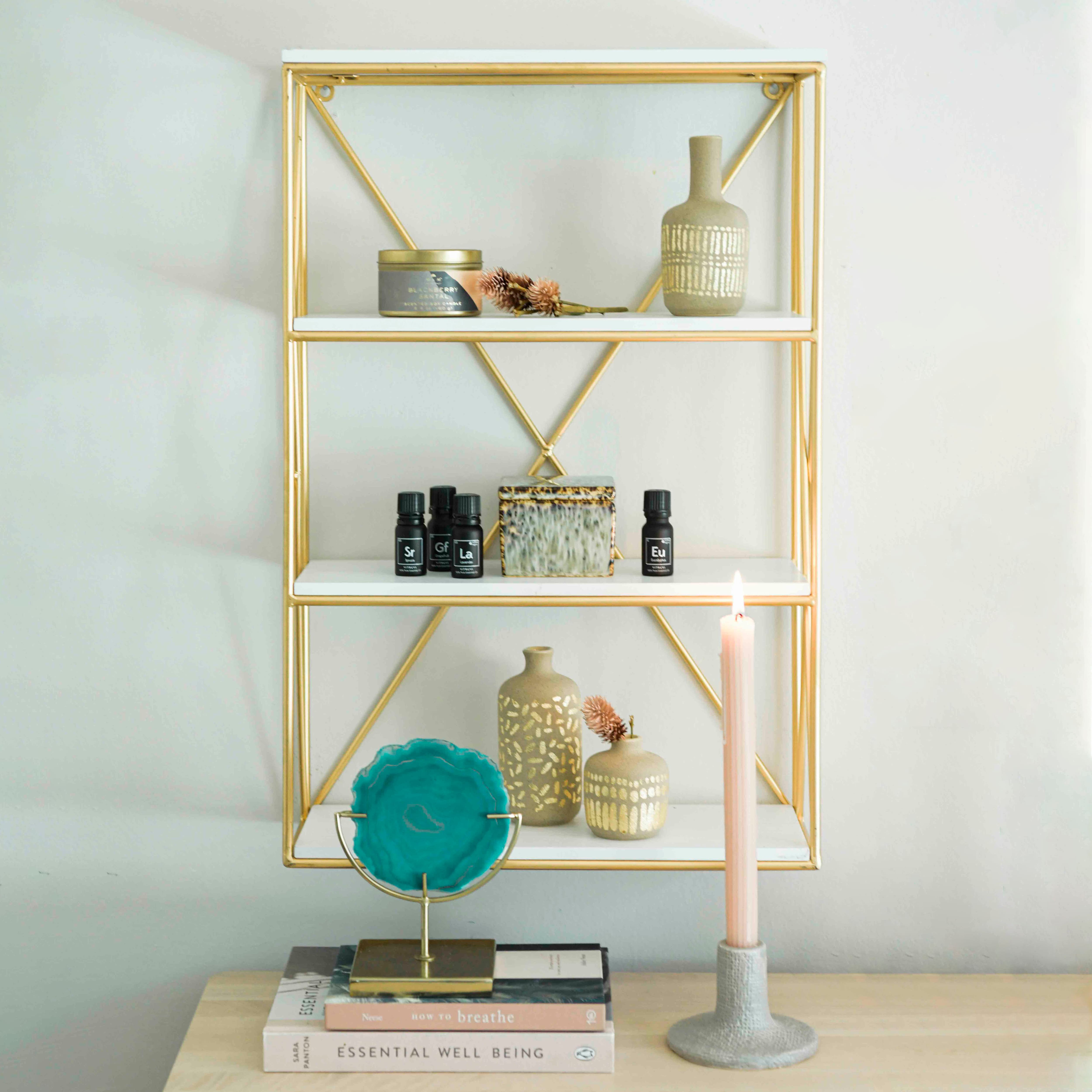 24&#x22; Wood &#x26; Gold Rectangle Wall Shelf