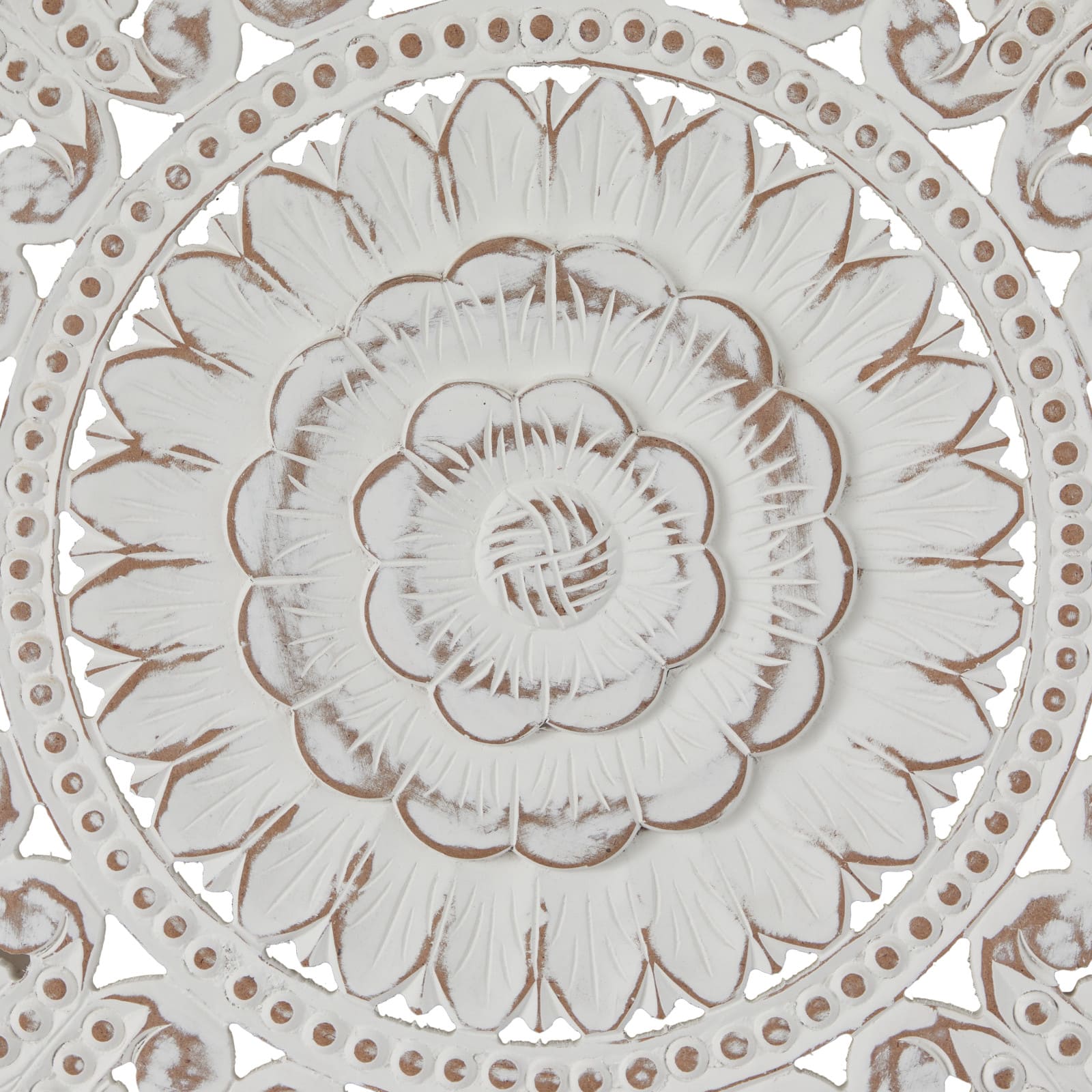 White Wood Handmade Intricately Carved Floral Wall Decor with Mandala Design Set of 3 16&#x22;, 48&#x22;