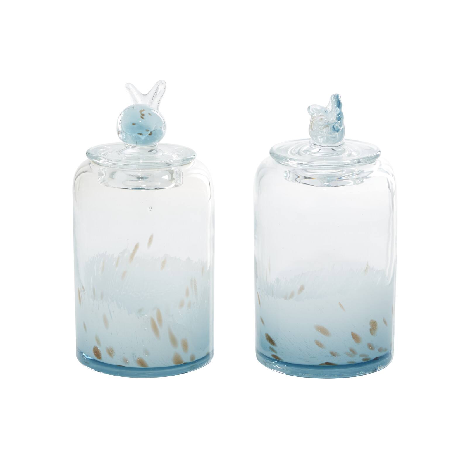 Set of 2&#x22; Blue Glass Contemporary Decorative Jars 5&#x22;, 9&#x22;