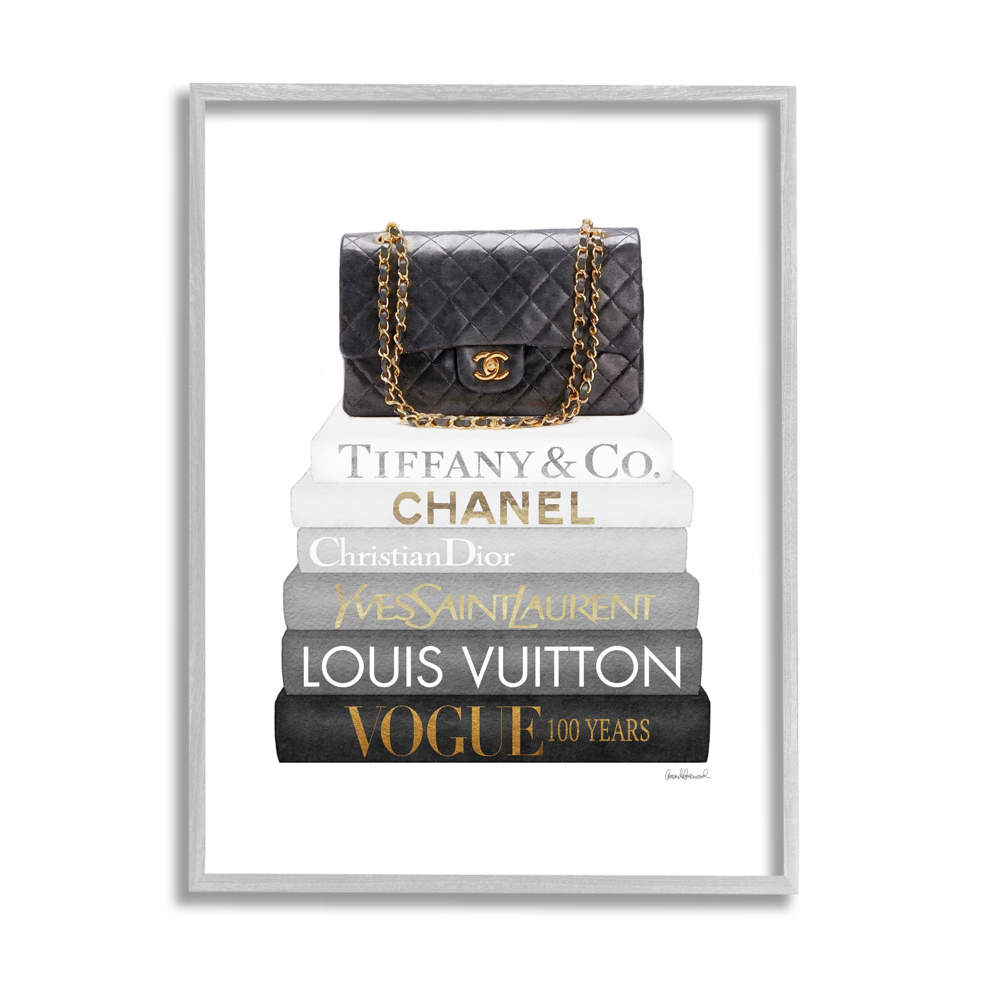 Stupell Industries Black Glam Purse Chic Modern Bookstack Framed Wall Art