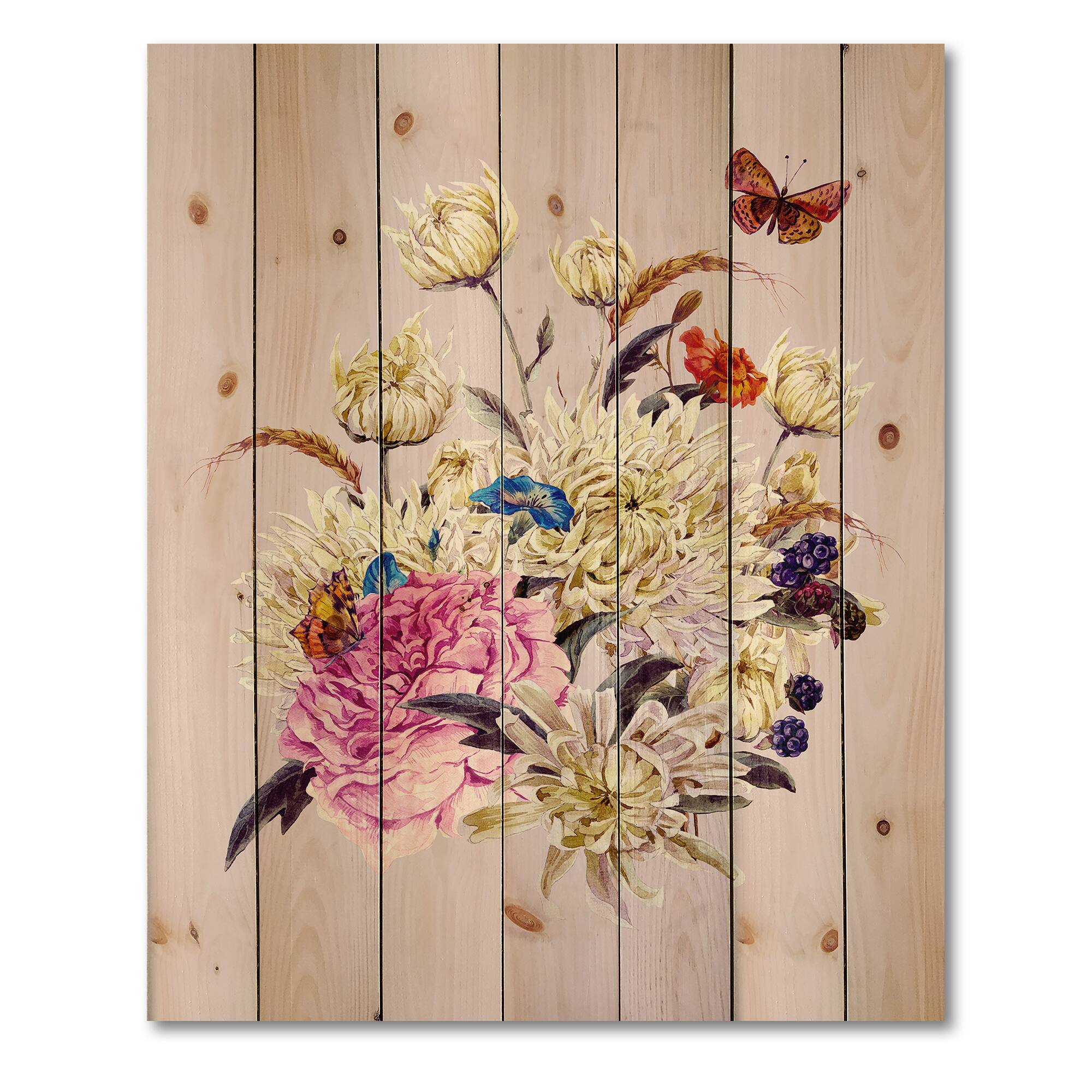 Designart - Vintage Bouquet With Chrysanthemums I - Traditional Print on Natural Pine Wood