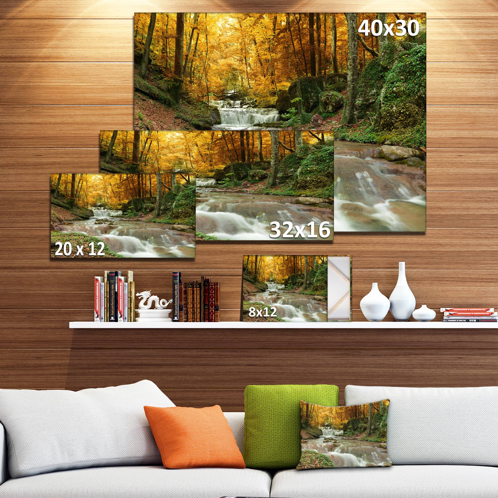 Designart - Forest Waterfall with Yellow Trees - Large Landscape Canvas Art Print