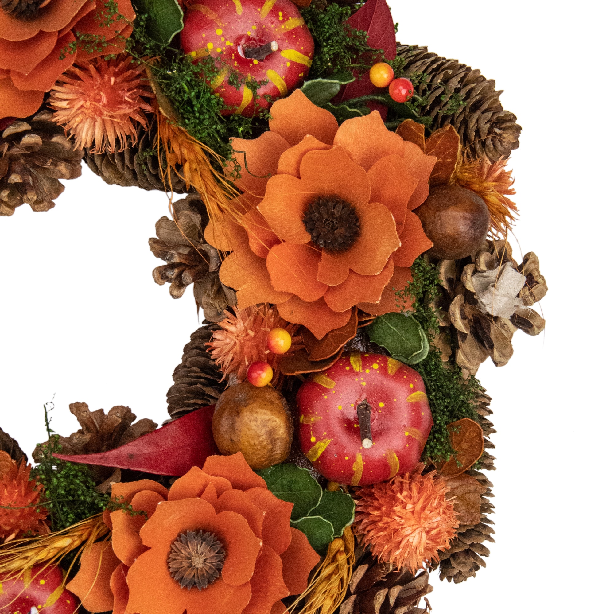 13.25&#x27;&#x27; Unlit Autumn Harvest Orange Flowers and Gourds Pine Cone Wreath