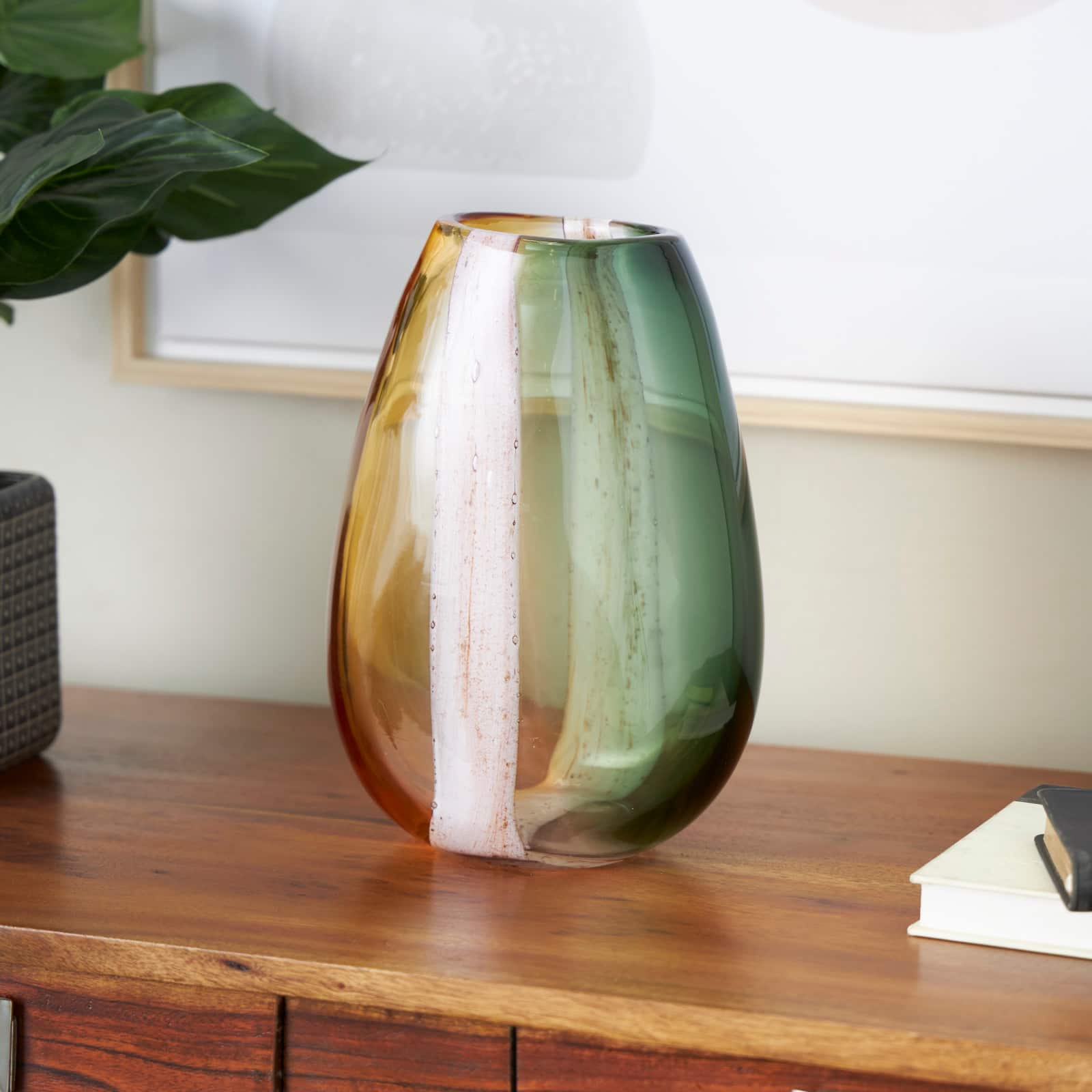 Multicolored Ombre Glass Vase with Pink Textured Stripe Details