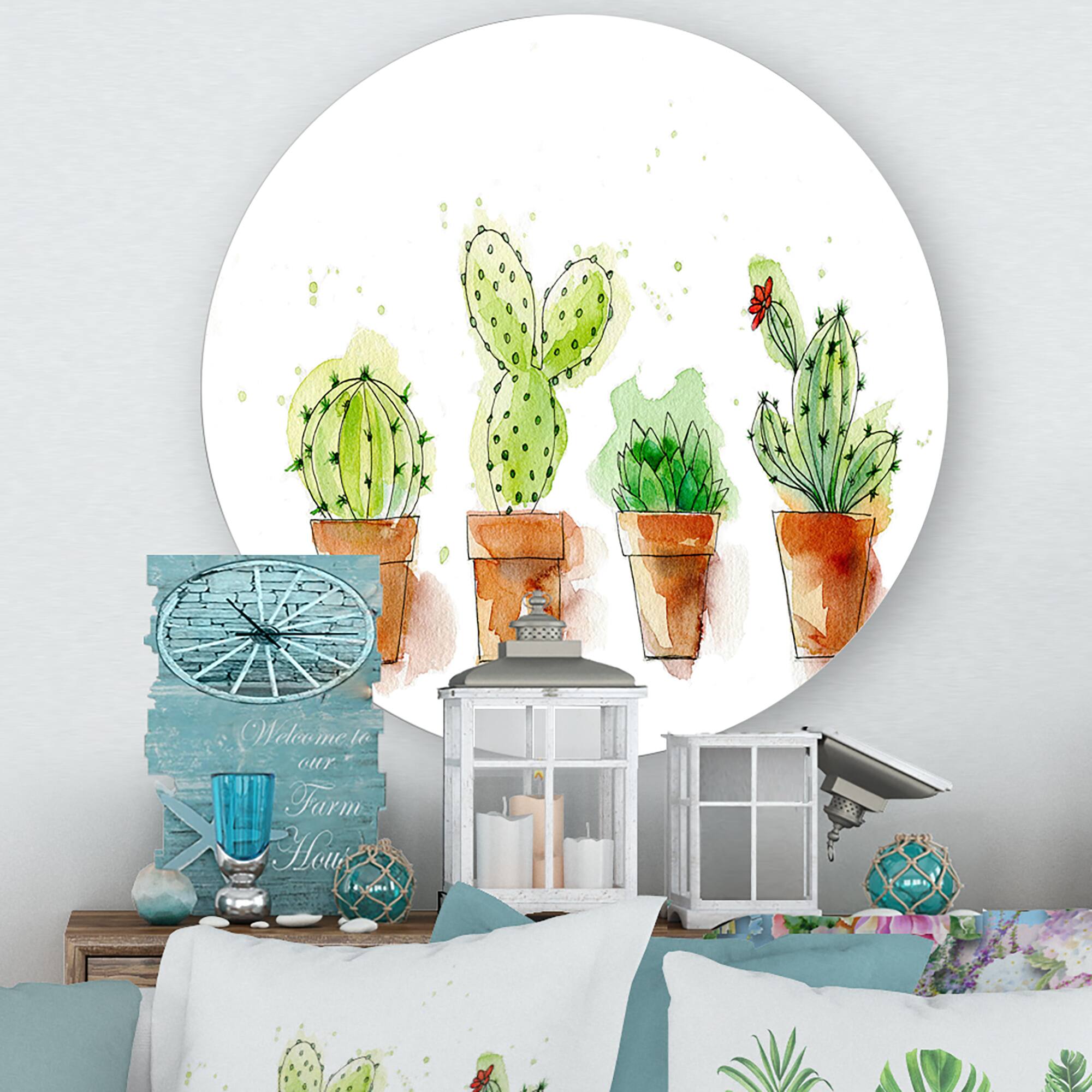 Designart - Cacti In Ceramic Pots In Gentle Tones I - Traditional Metal Circle Wall Art