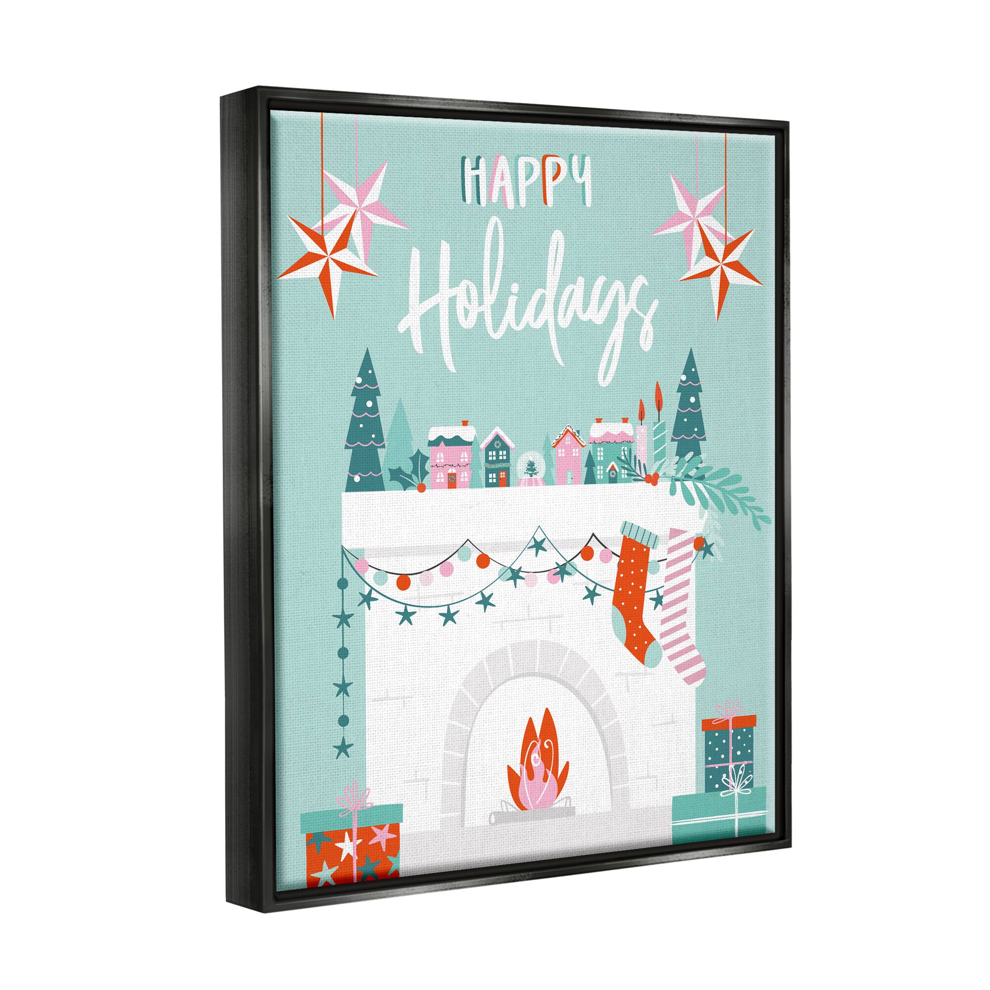 Stupell Industries Happy Holidays Festive Mantel Stockings Framed Floater Canvas Wall Art