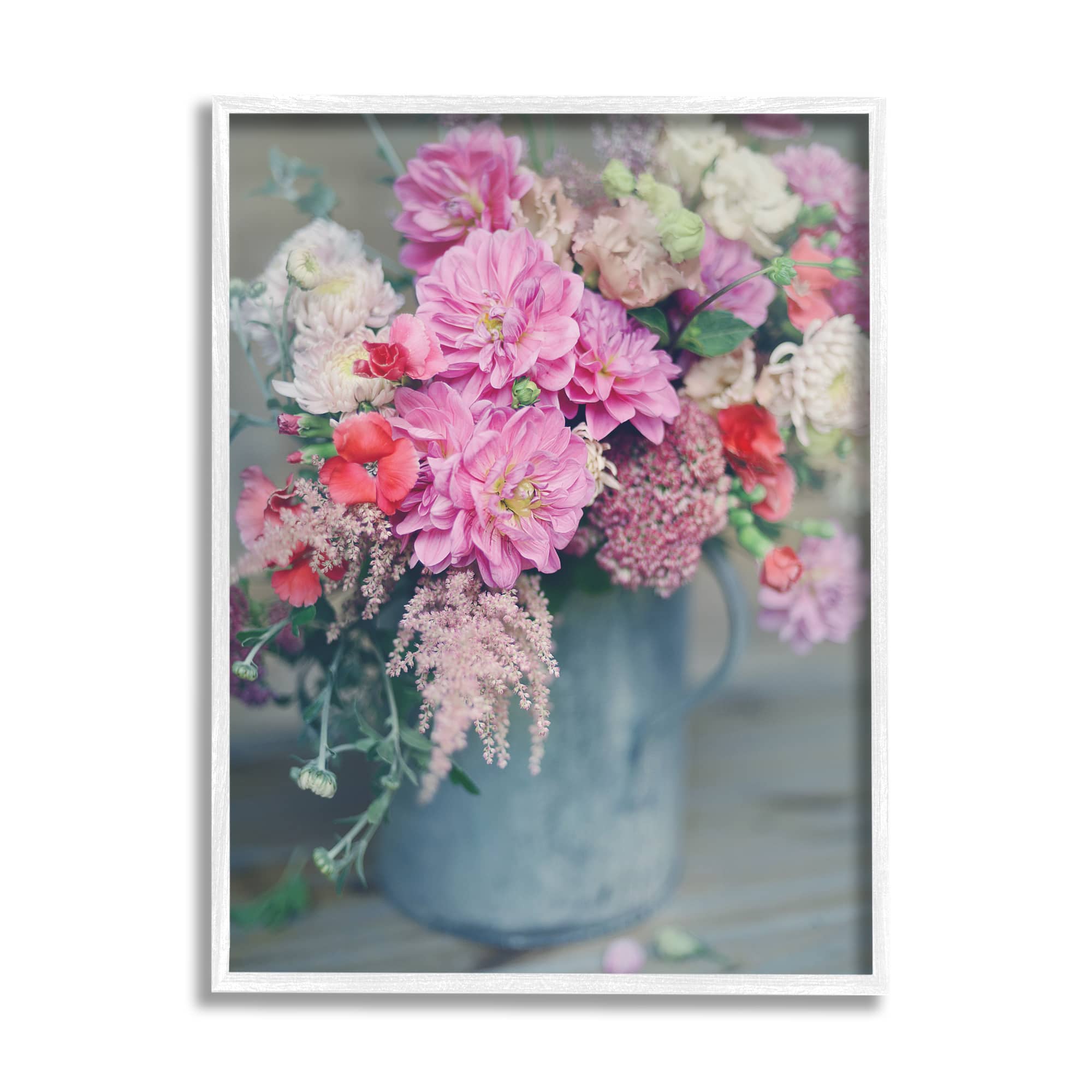 Stupell Industries Pink Floral Arrangement Soft Focus Grey Pot in White Frame Wall Art