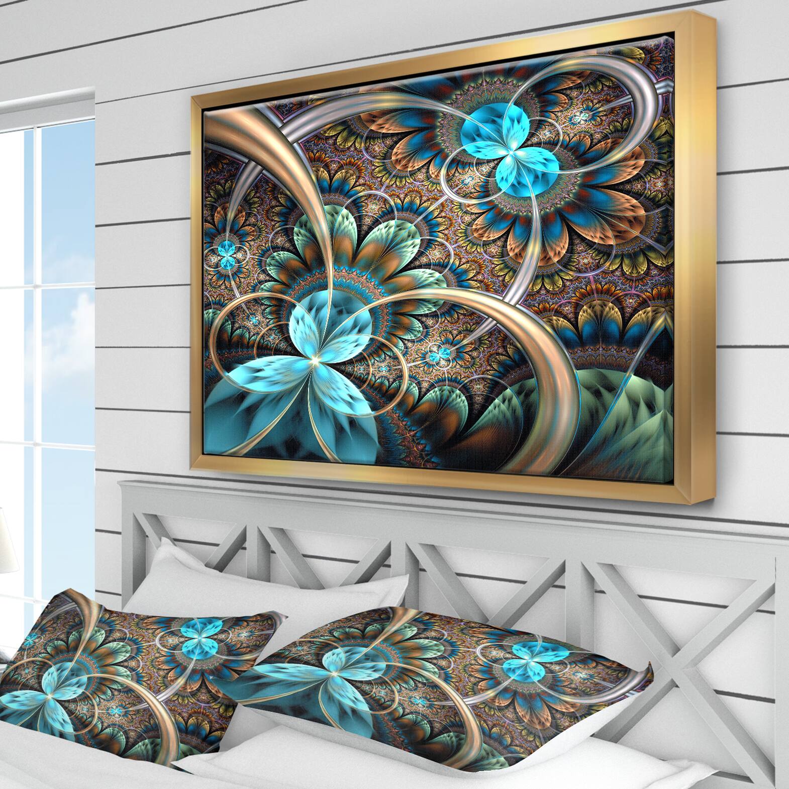Designart - Light Blue Fractal Flower - Floral Art Framed Canvas Print