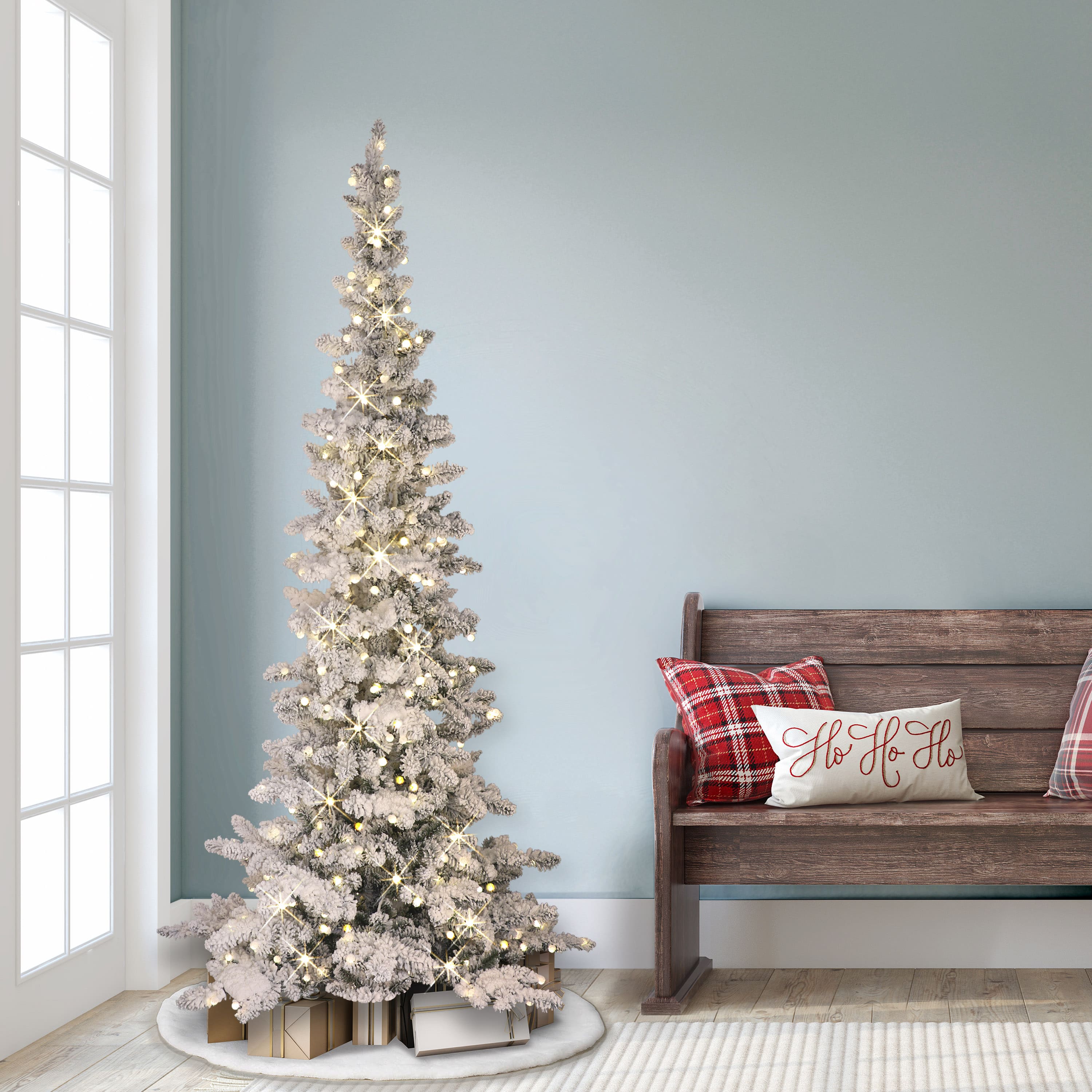 6.5 ft Pre-Lit Flocked Whistler Artificial Pine Tree, Warm White LED Lights