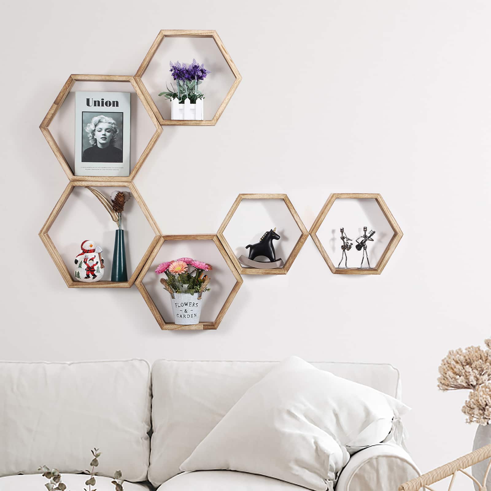 NEX™ Light Brown Hexagon Floating Wood Shelves Set