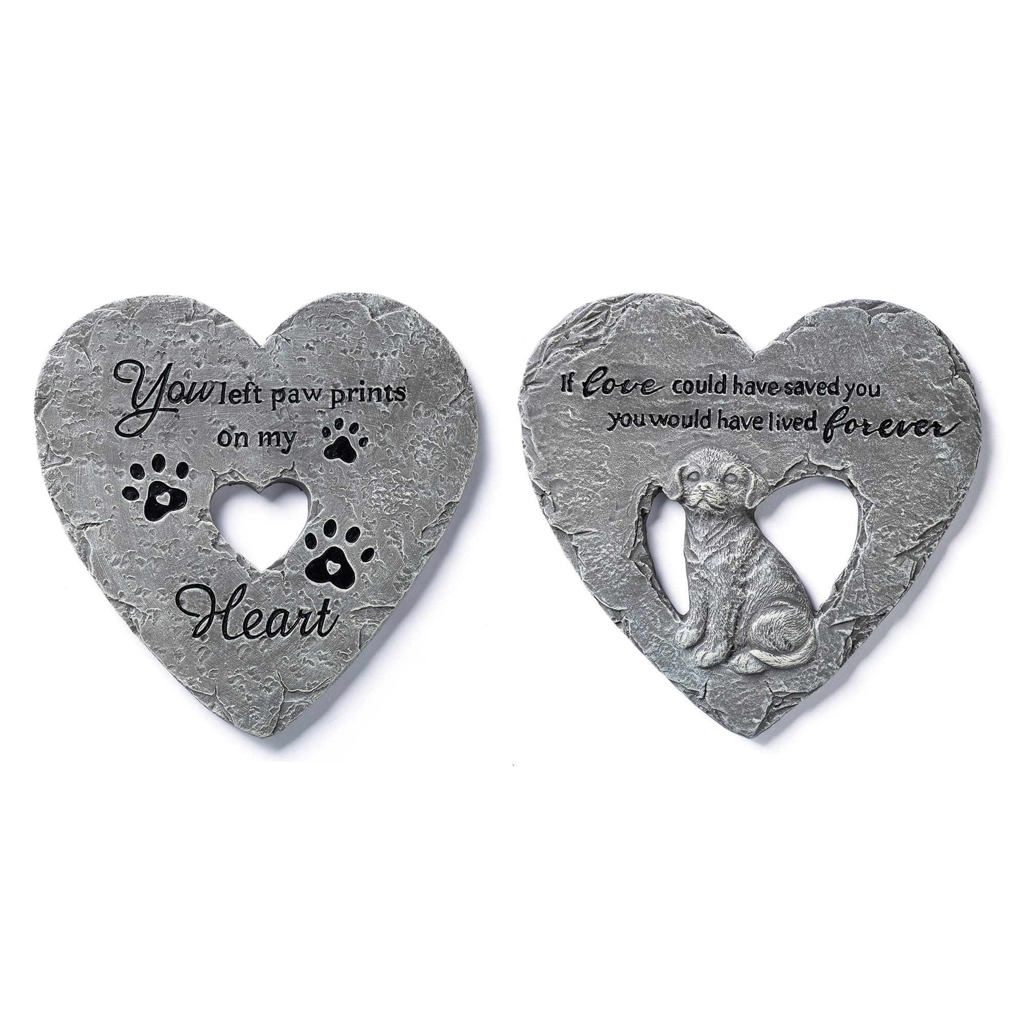 Glitzhome® 10" Set of 2 Cement Heart-Shaped Paw Prints and Dog Memory Stepping Stones