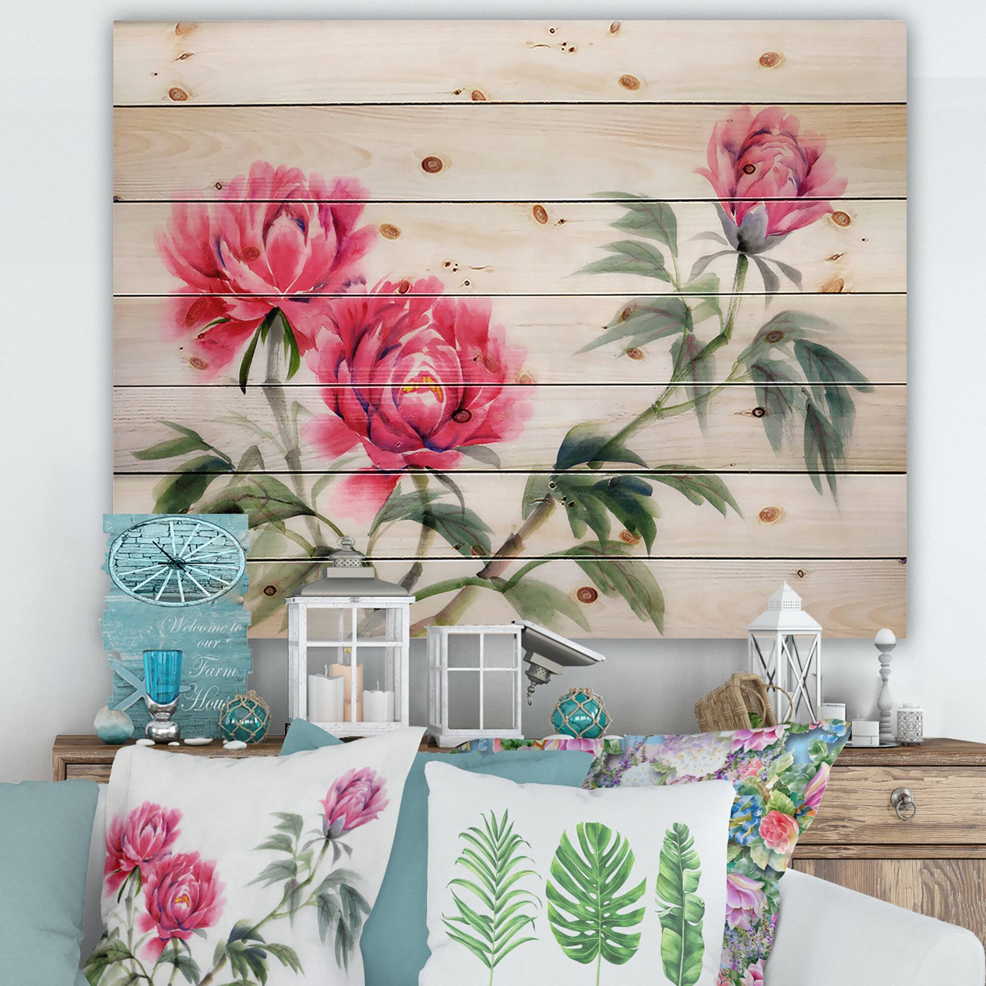 Designart - Three Vintage Peonies Flowers - Traditional Print on Natural Pine Wood