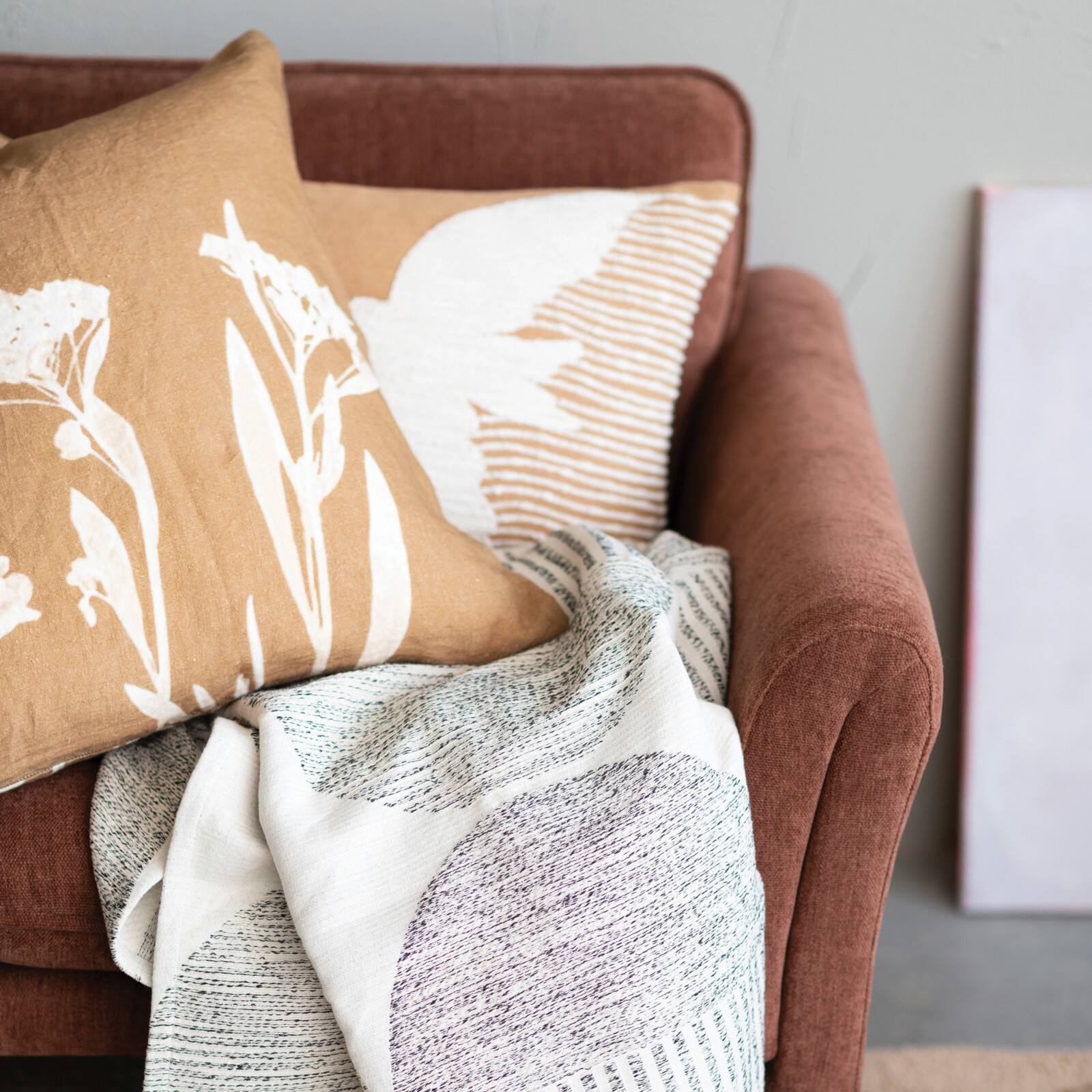 Hello Honey® Mustard & Cream Embroidery Bird Cotton Slub Lumbar Pillow