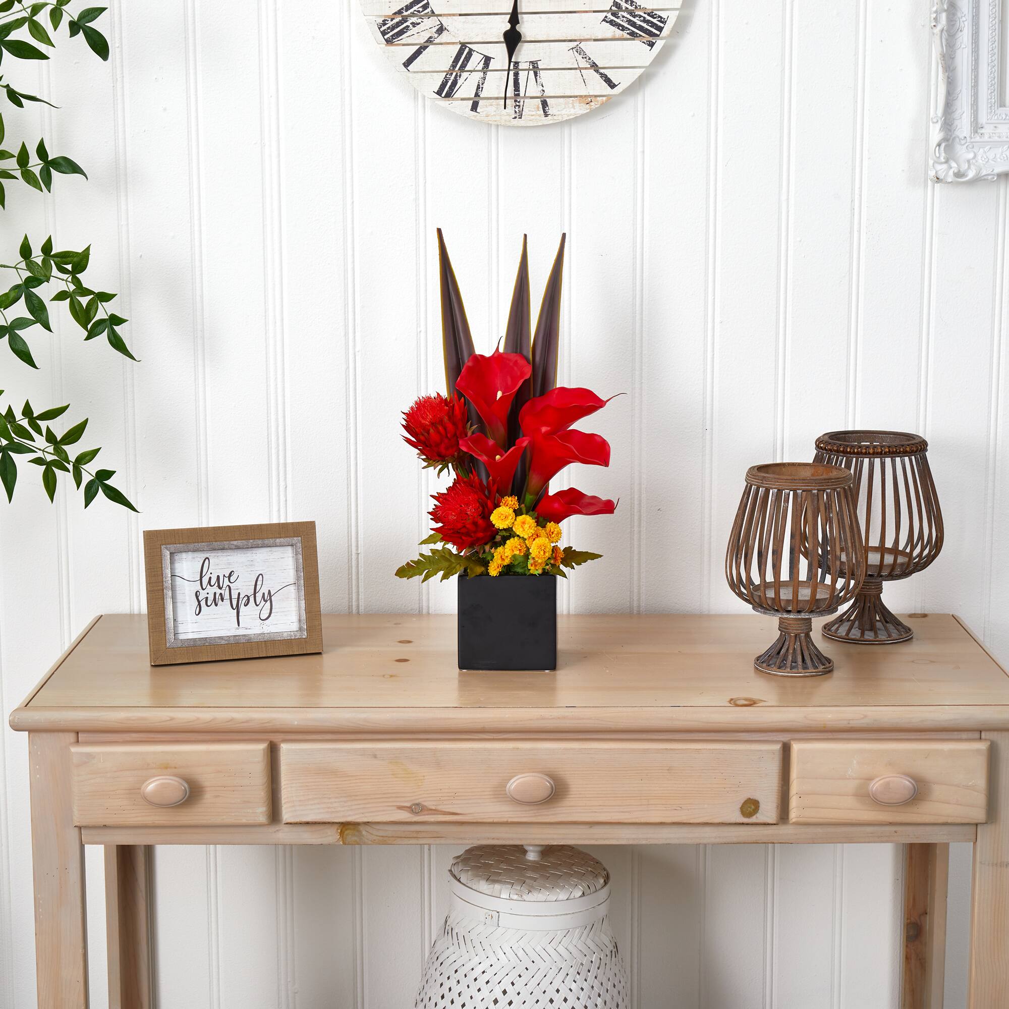 22.5" Red & Orange Tropical Floral & Calla Lily Mixed Arrangement in Vase