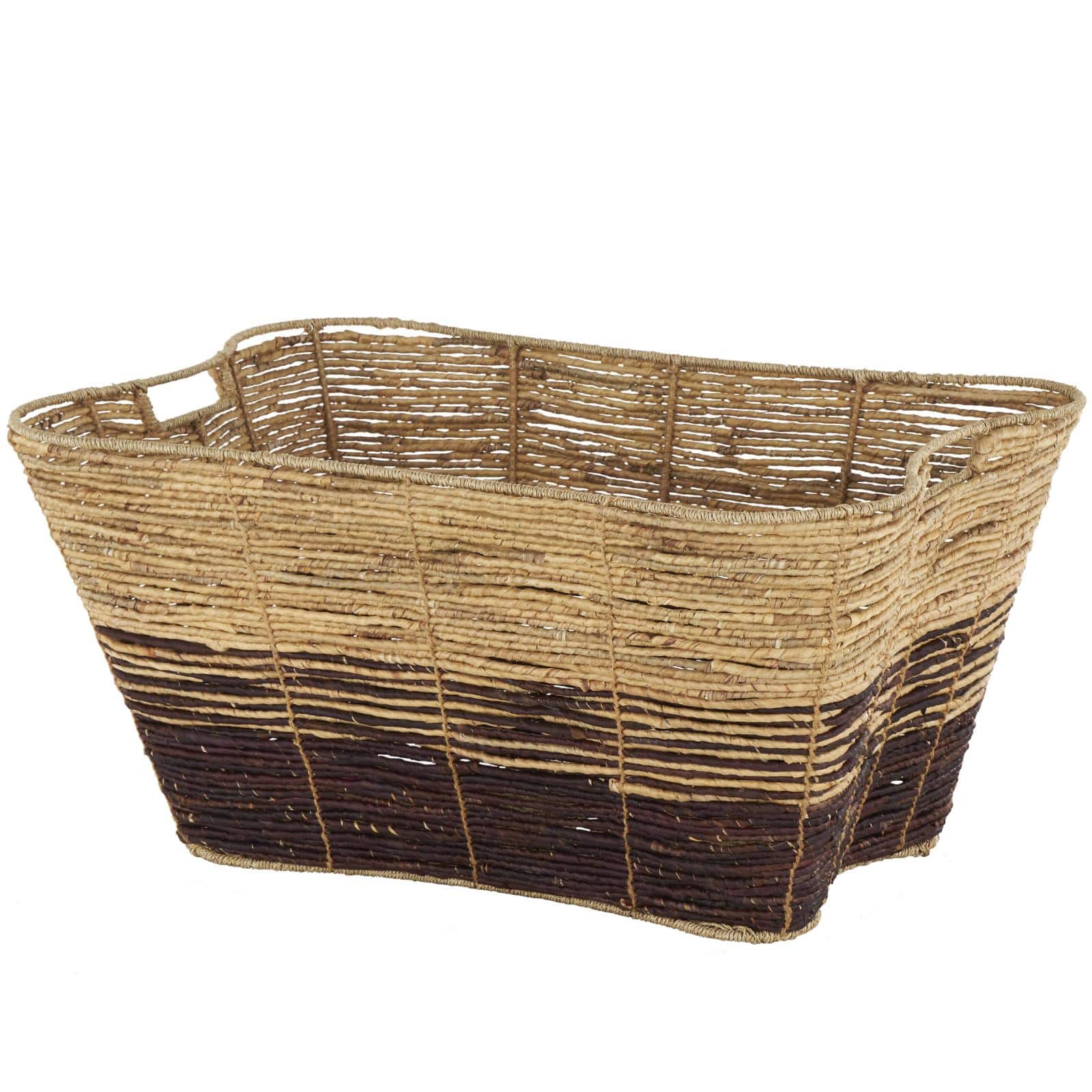 30" Brown Seagrass Handmade Oversized Color Block Storage Basket with Slot Handles