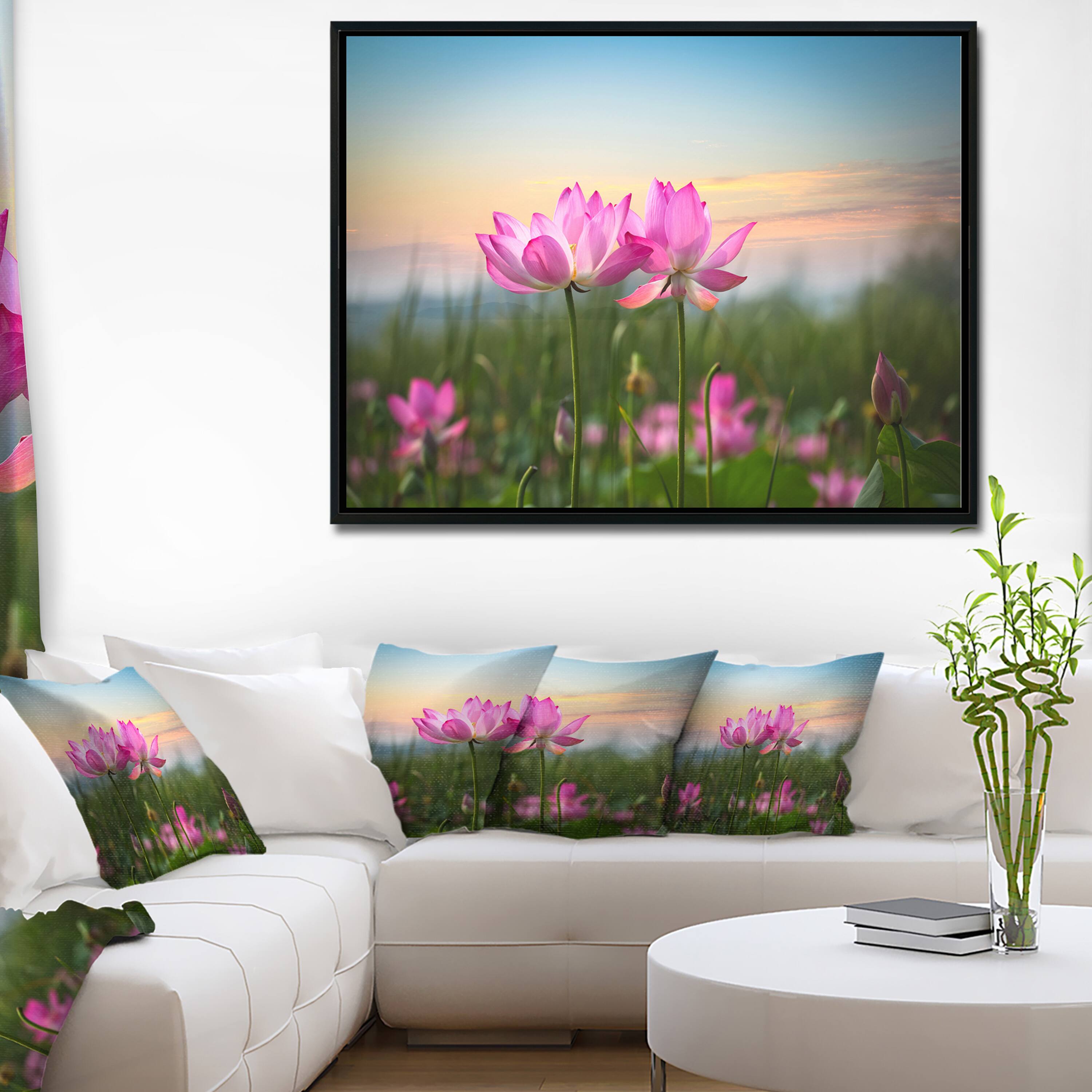 Designart - Blooming Lotus Flowers at Sunset - Floral Photo Framed Canvas Print