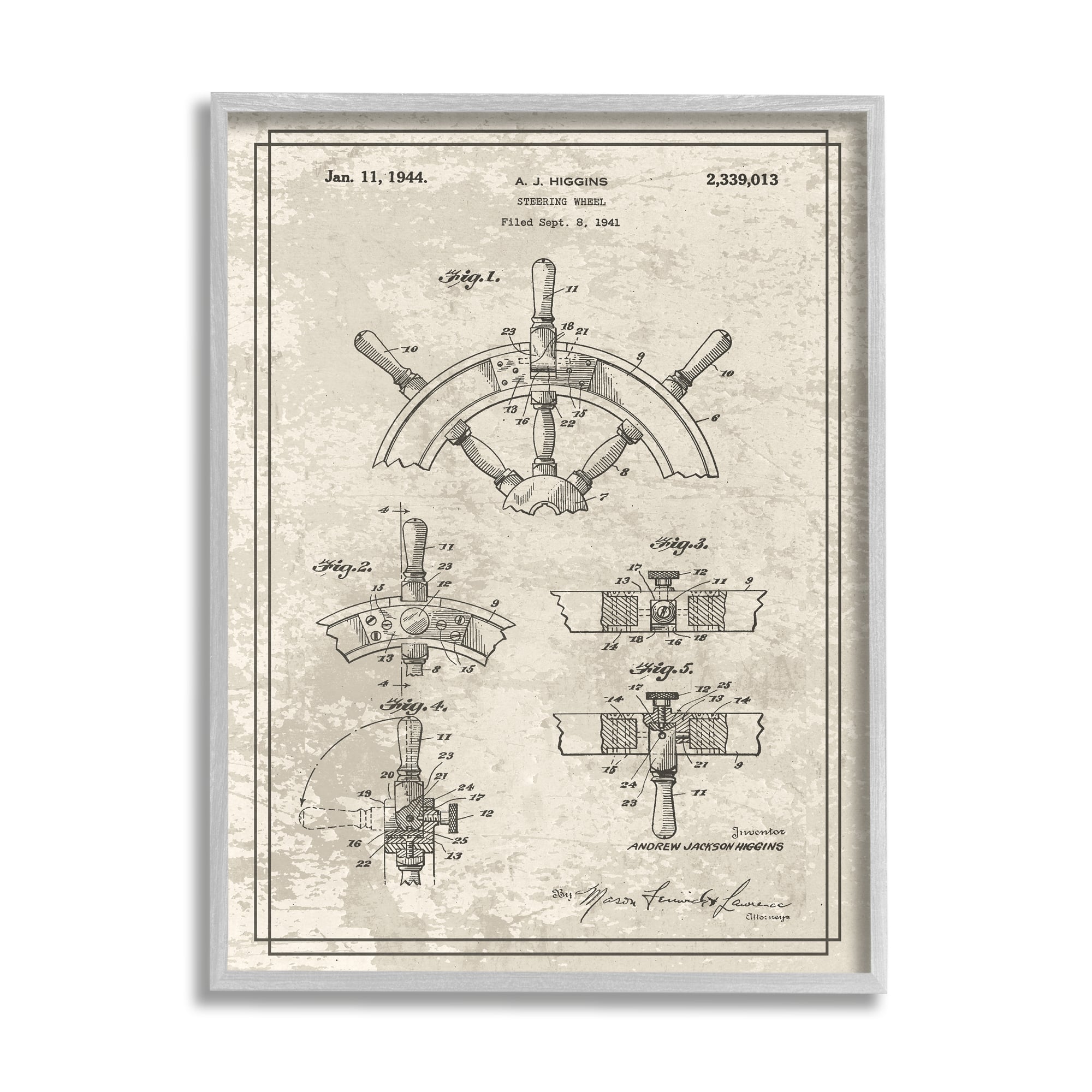 Stupell Industries Vintage Ship Steering Wheel Diagram Interior View in Gray Frame Wall Art