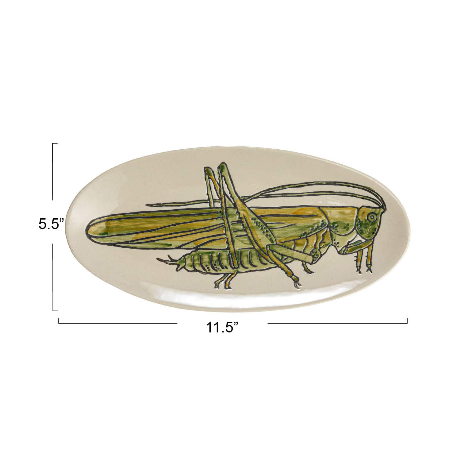 11.5&#x22; Green &#x26; White Hand-Painted Grasshopper Stoneware Plate