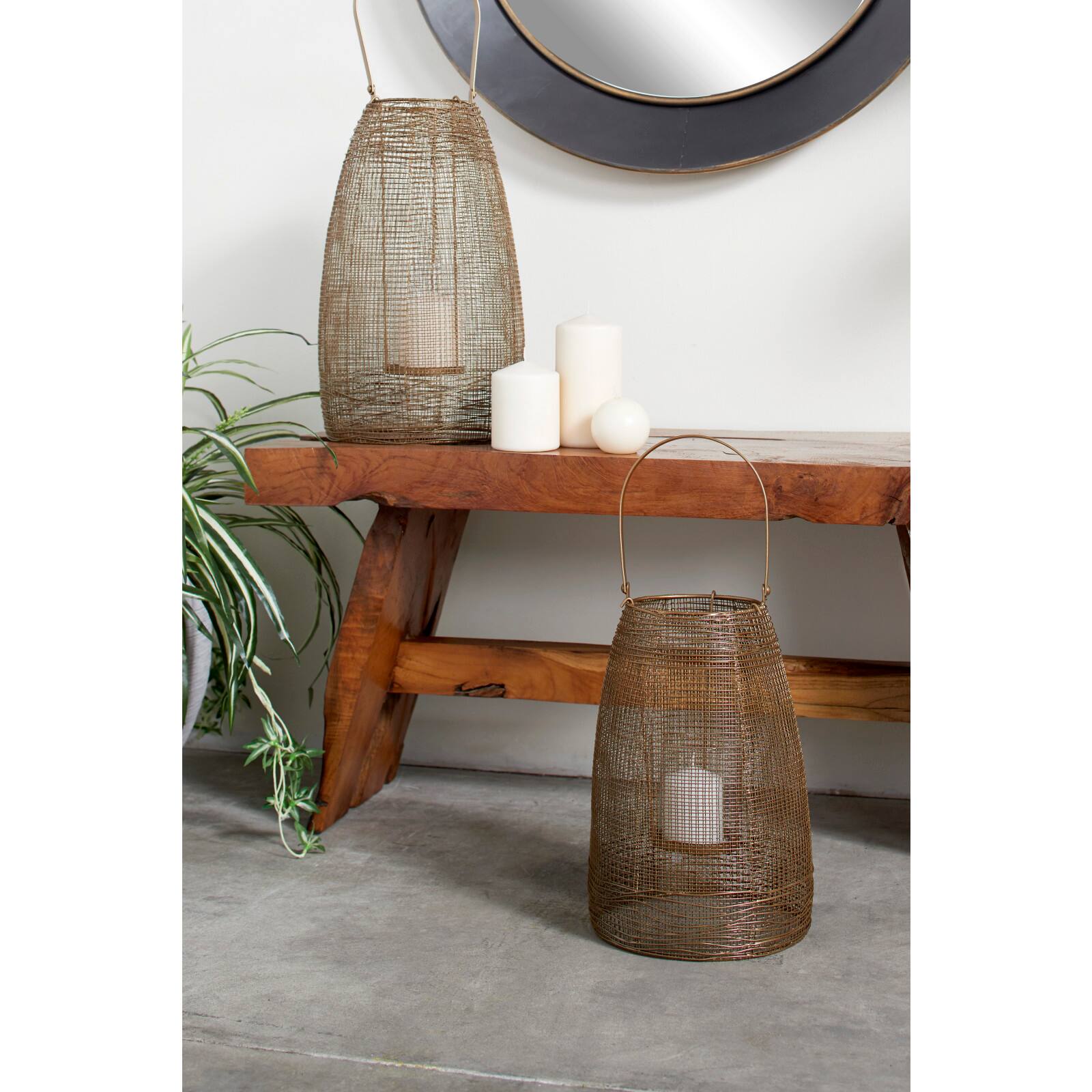Gold Iron Modern Candle Holder Lantern, 16&#x22; x 9&#x22; x 9&#x22;