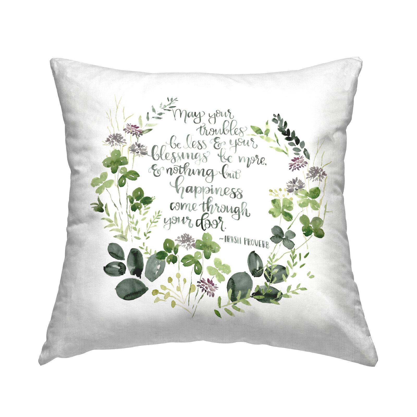 Stupell Industries Troubles Be Less Irish Proverb Green Botanical Wreath Throw Pillow, 18" x 18"